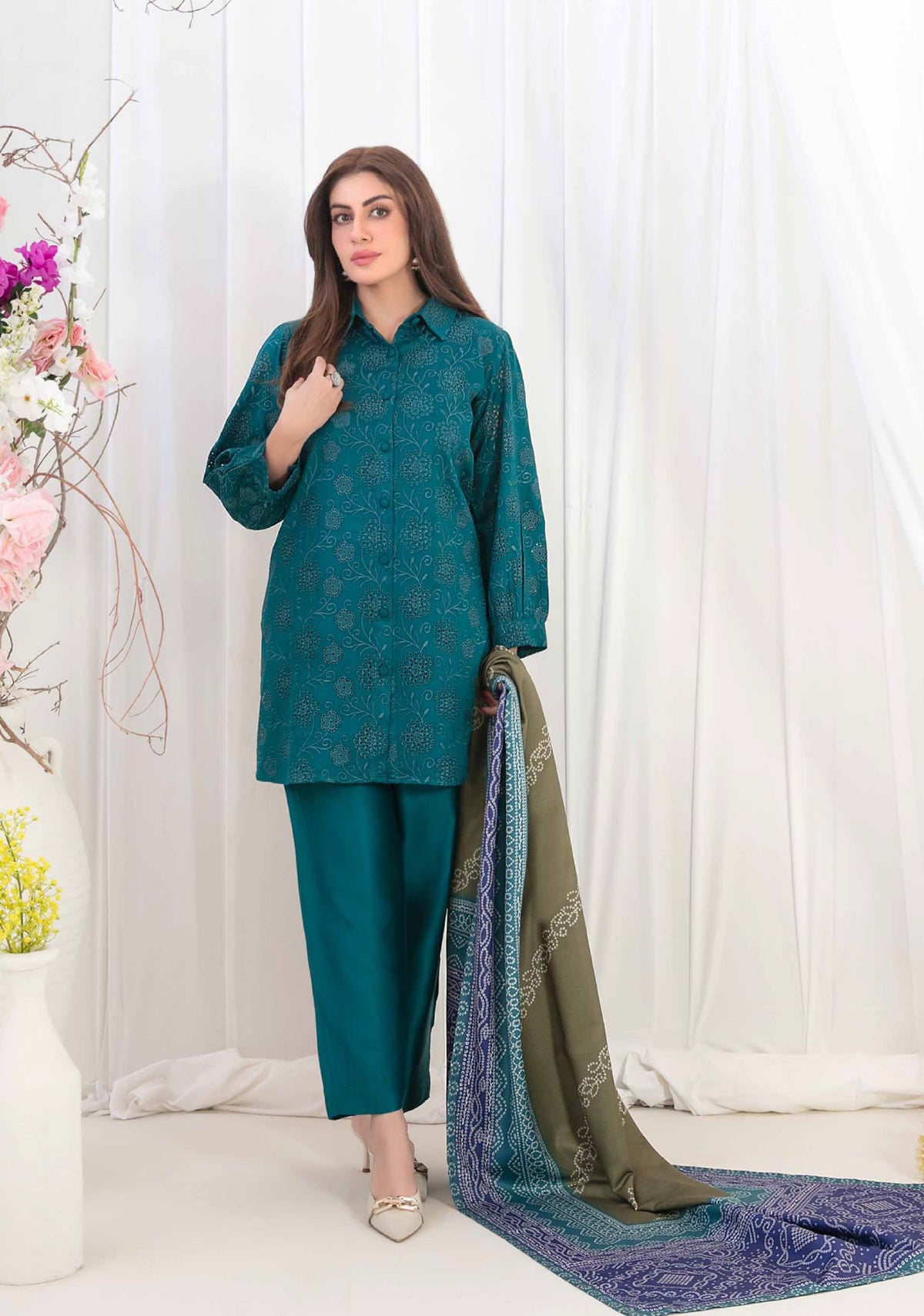 Deep Teal Embroidered Shirt with Olive Green Digital Printed Shawl Dupatta
