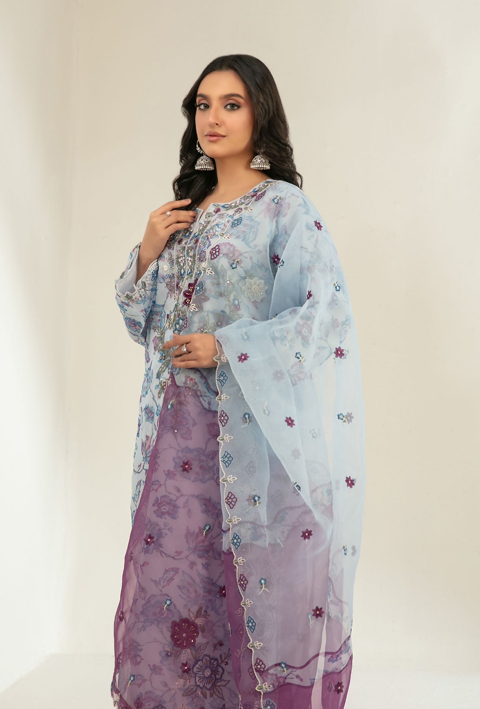 Silver Blue Stitched Fancy Embrioderd organza suit