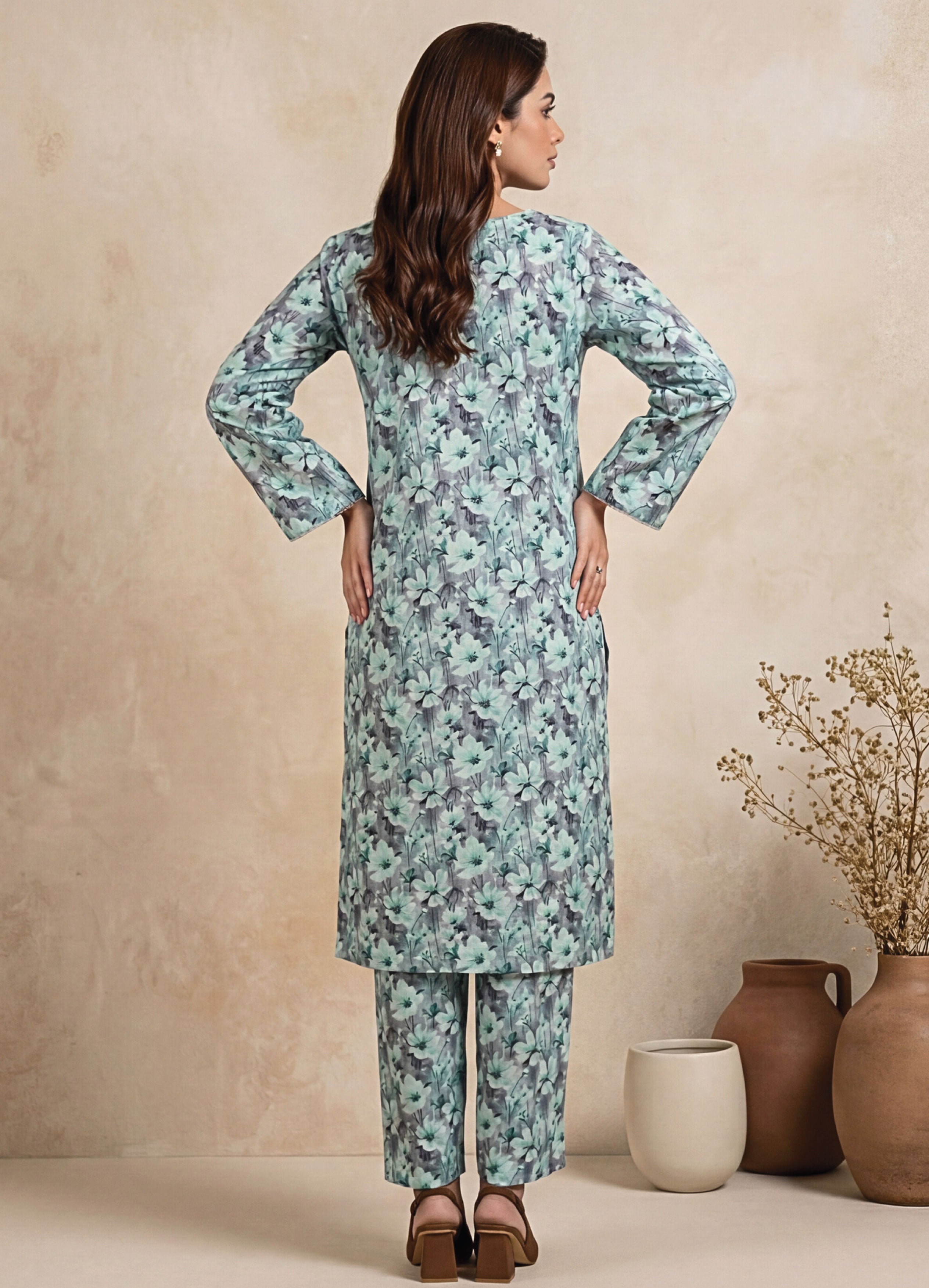 Ice Blue Linen Stitched Staple Digital print suit