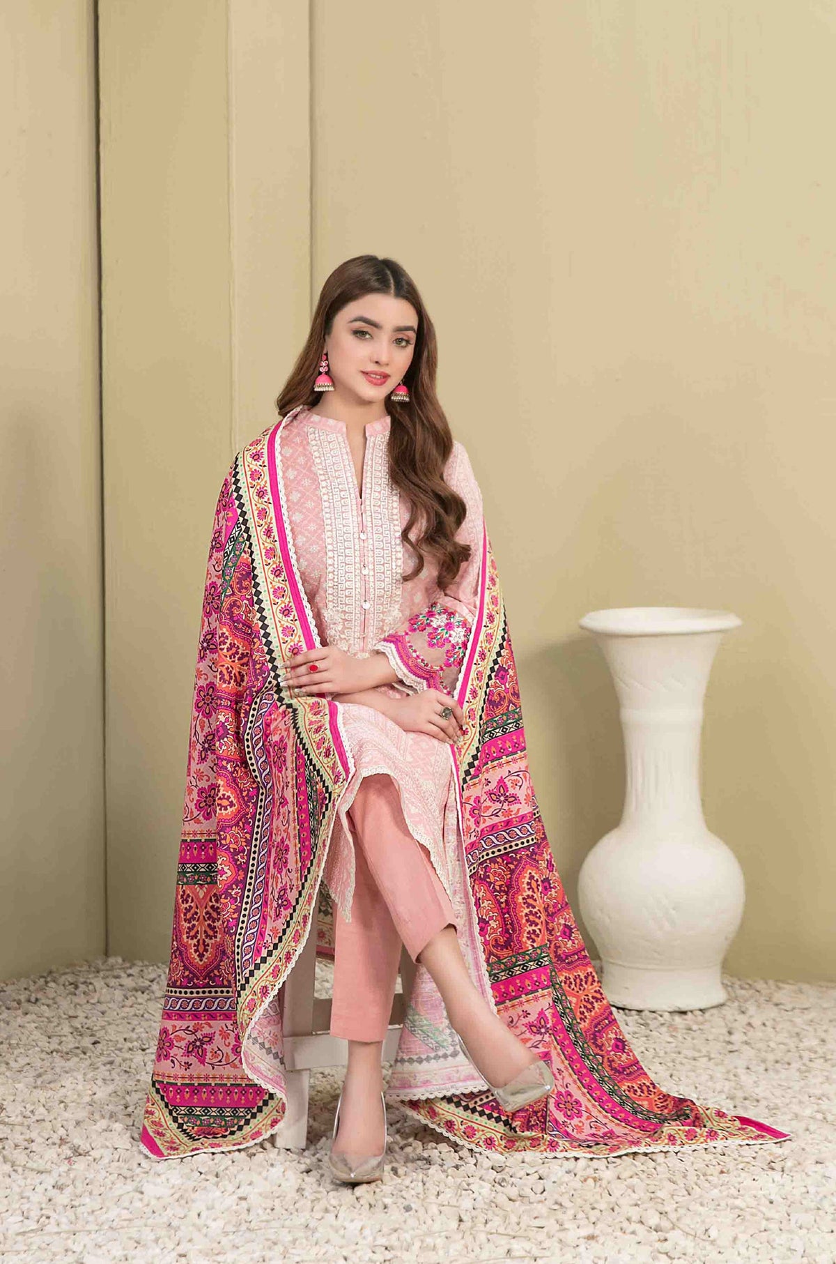 Pink Khaddar Printed 3-Piece Suit with Embroidered Front and Multicolor Dupatta