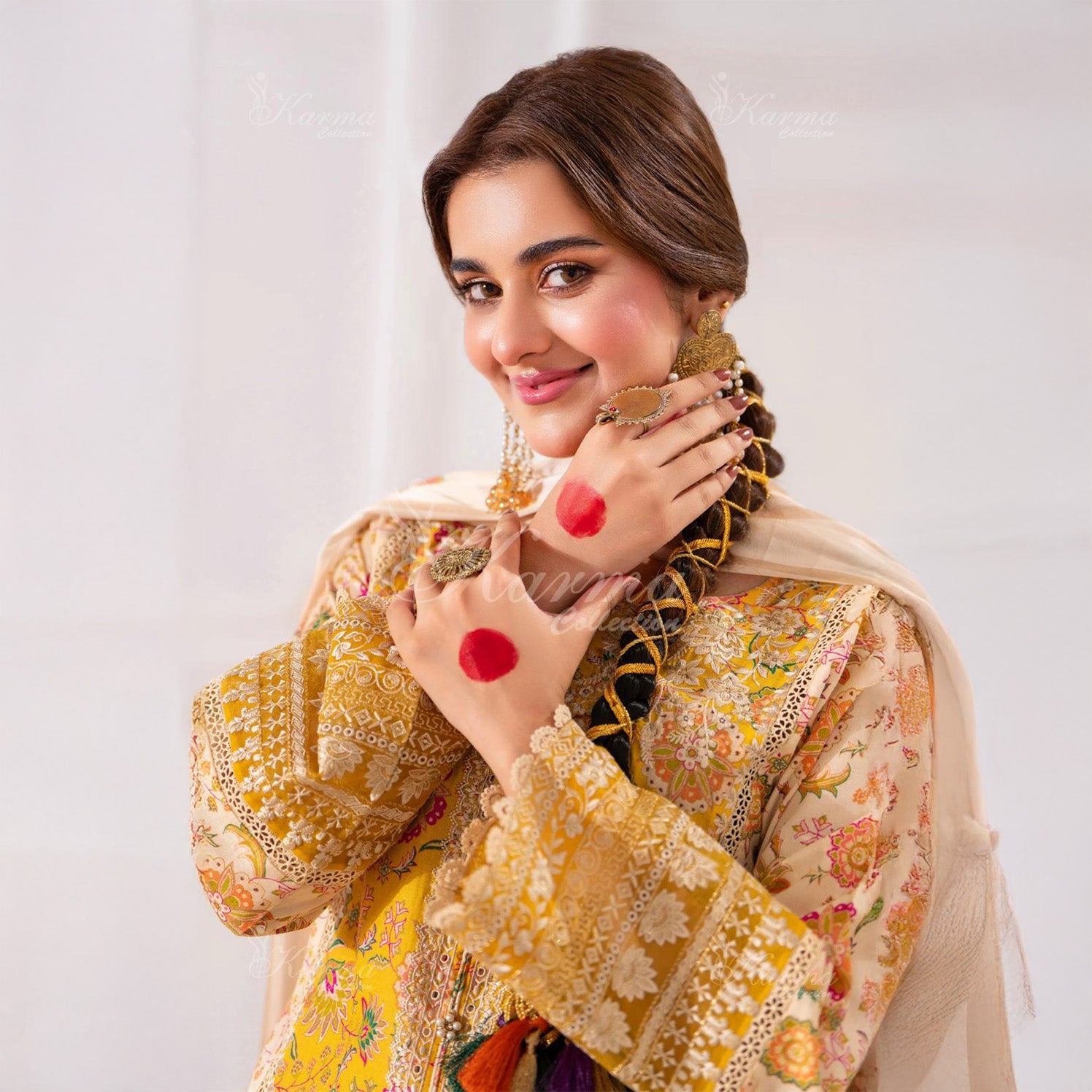 Karma Yellow 3pc Outfit With Silk Duppata