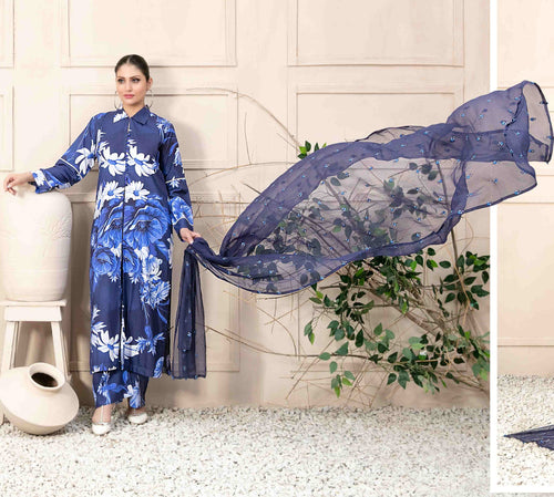 Royal Blue Floral 3-Piece Suit with Embroidered Chiffon Dupatta