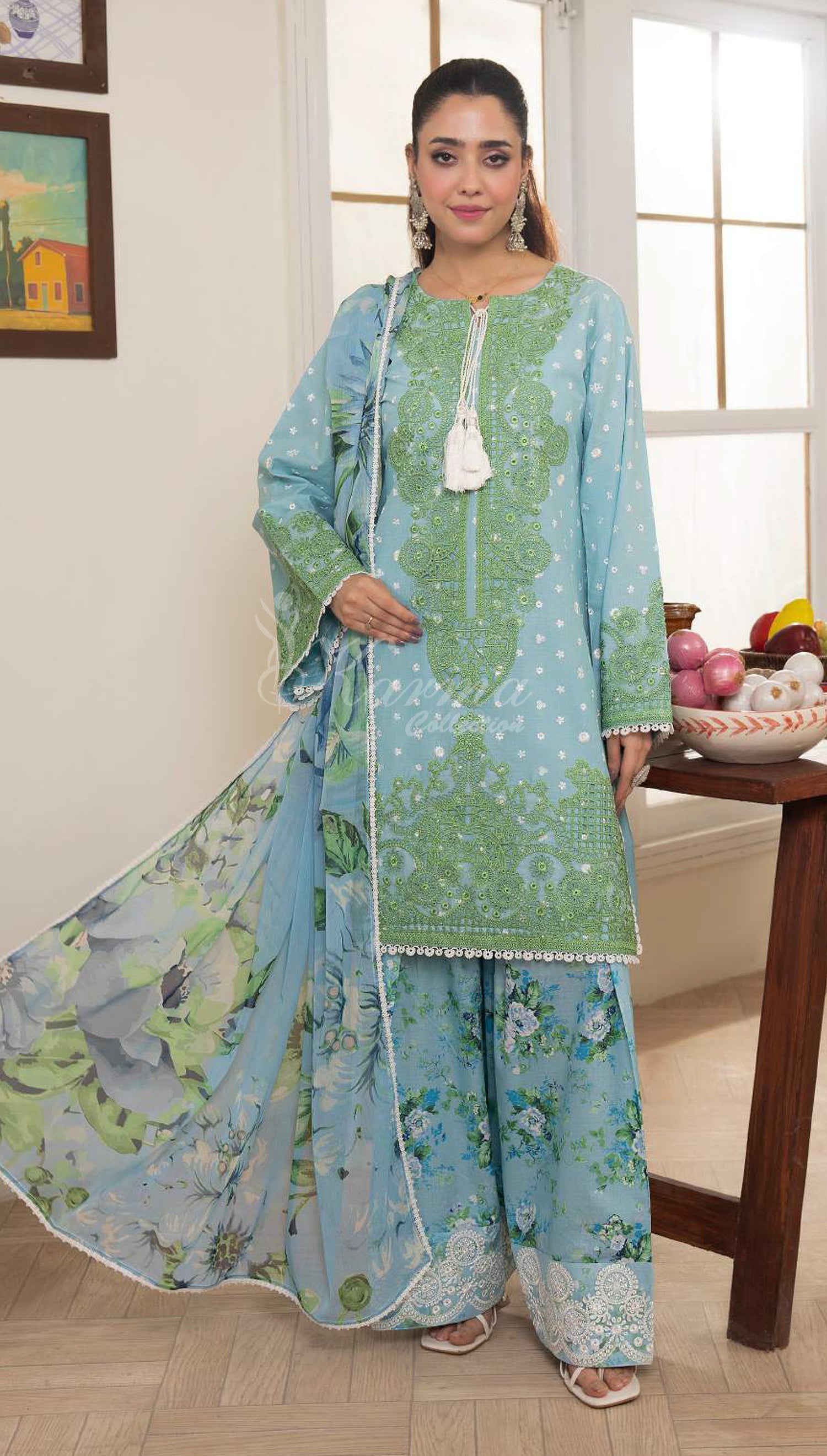 Misty Blue Embroidered Lawn Suit with Floral Printed Trouser & Chiffon Dupatta