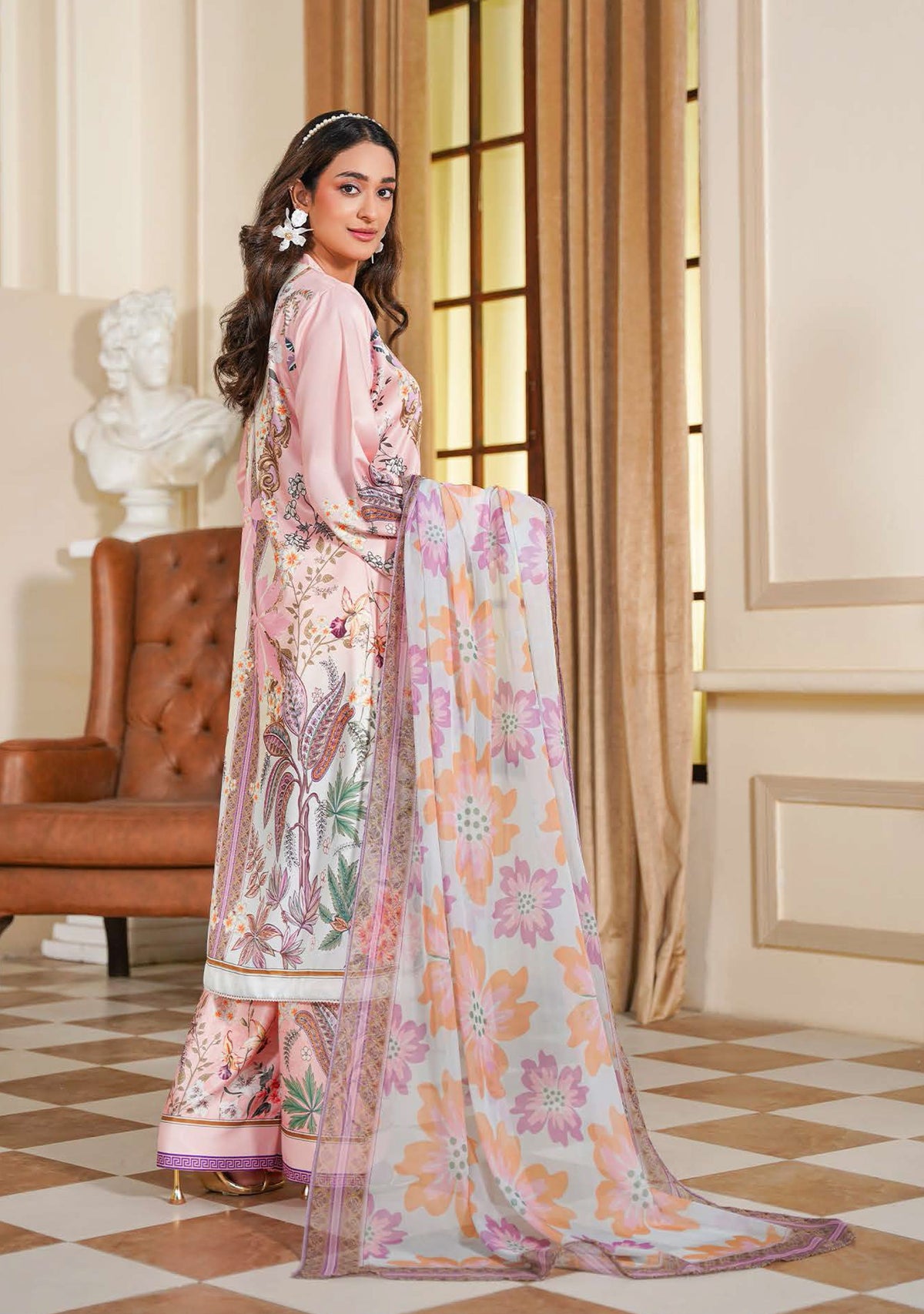 Blush Pink Floral Printed 3-Piece Suit with Multicolor Dupatta