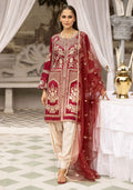 Ruby Red Luxury Embroidered 3-Piece Suit with Organza Dupatta & Tulip Shalwar