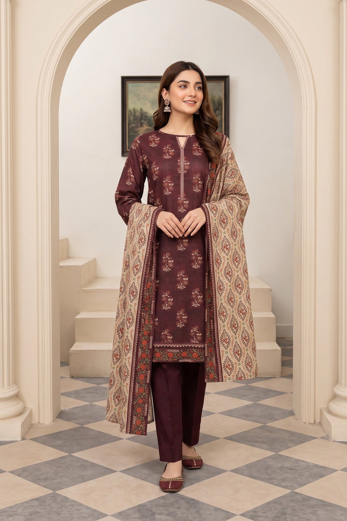 Maroon Printed Khaddar 3-Piece Suit