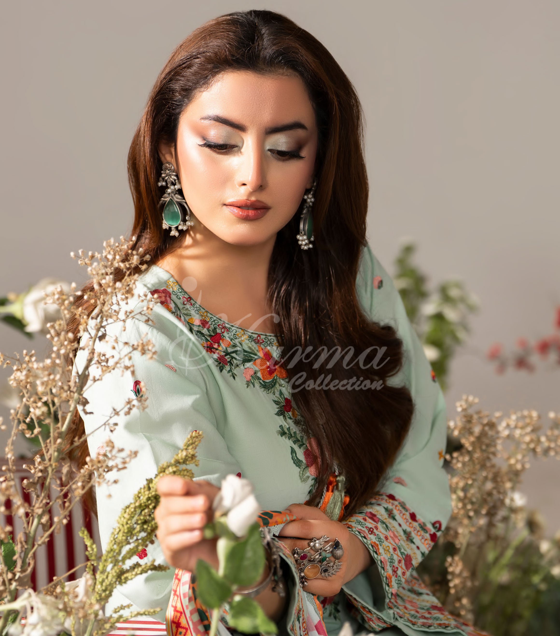 Muted sage Karma Signature Embroidered 3 Piece suit
