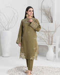 Olive Green Embroidered Slub Linen 2-Piece Suit