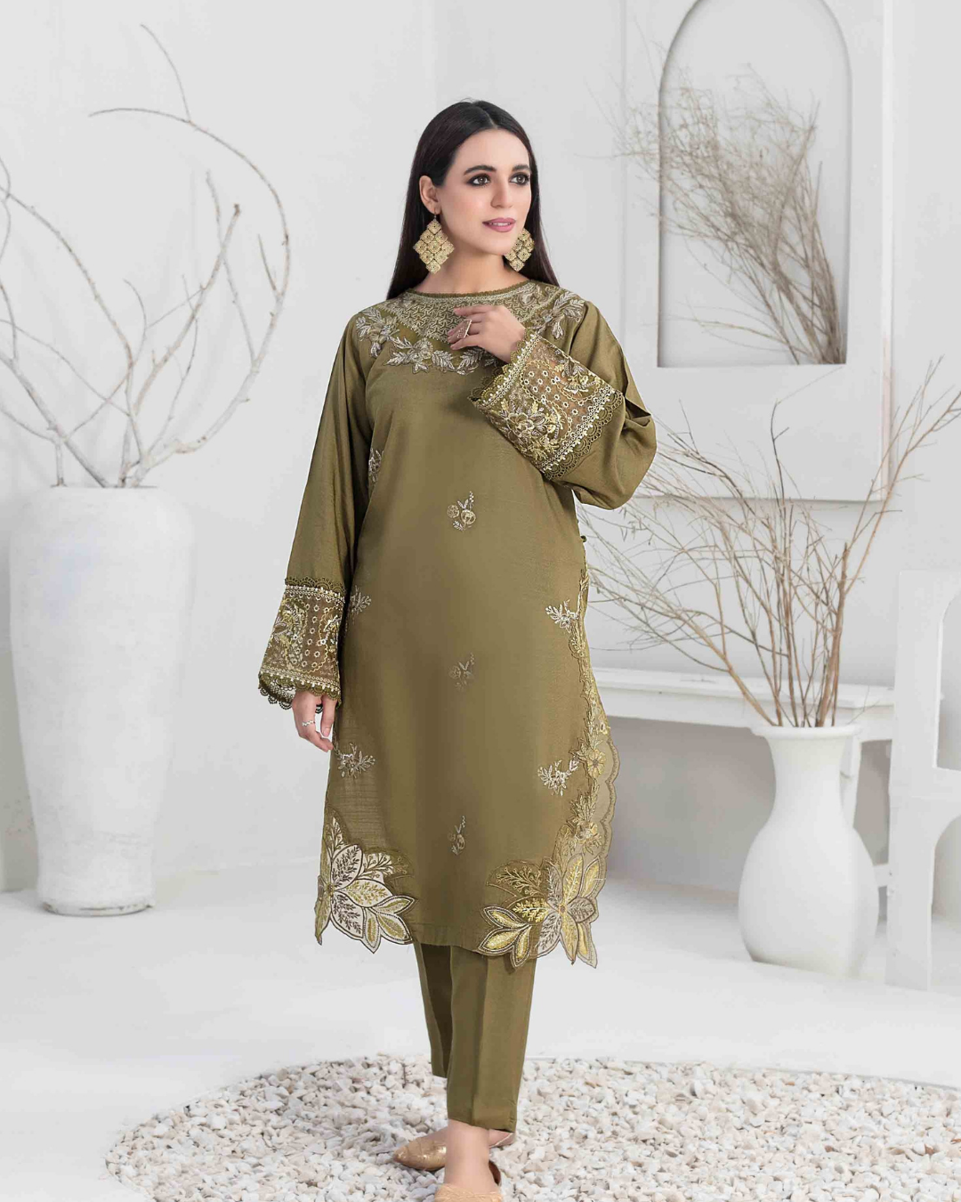 Olive Green Embroidered Slub Linen 2-Piece Suit
