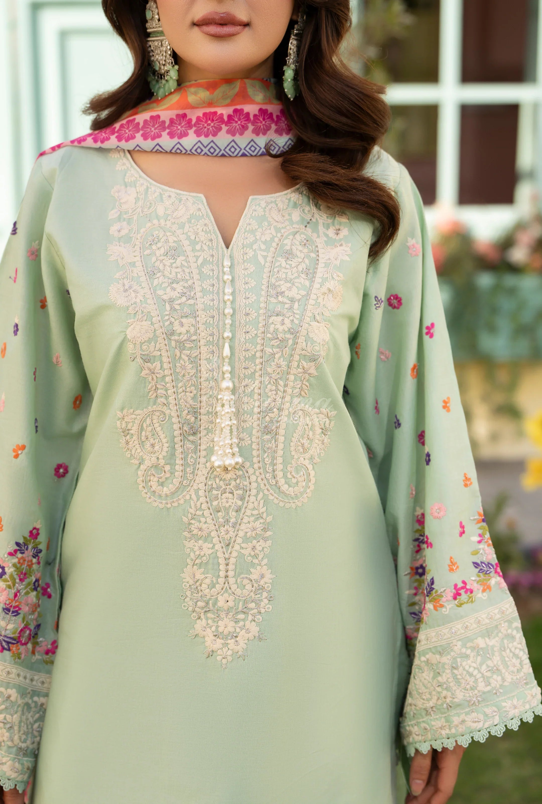 Original karma collection 3pc suit with embroidery farshi shalwar SAGE TINT
KC-1556