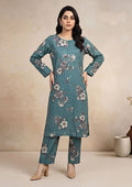 Dusty Teal Linen Stitched Staple Digital print suit