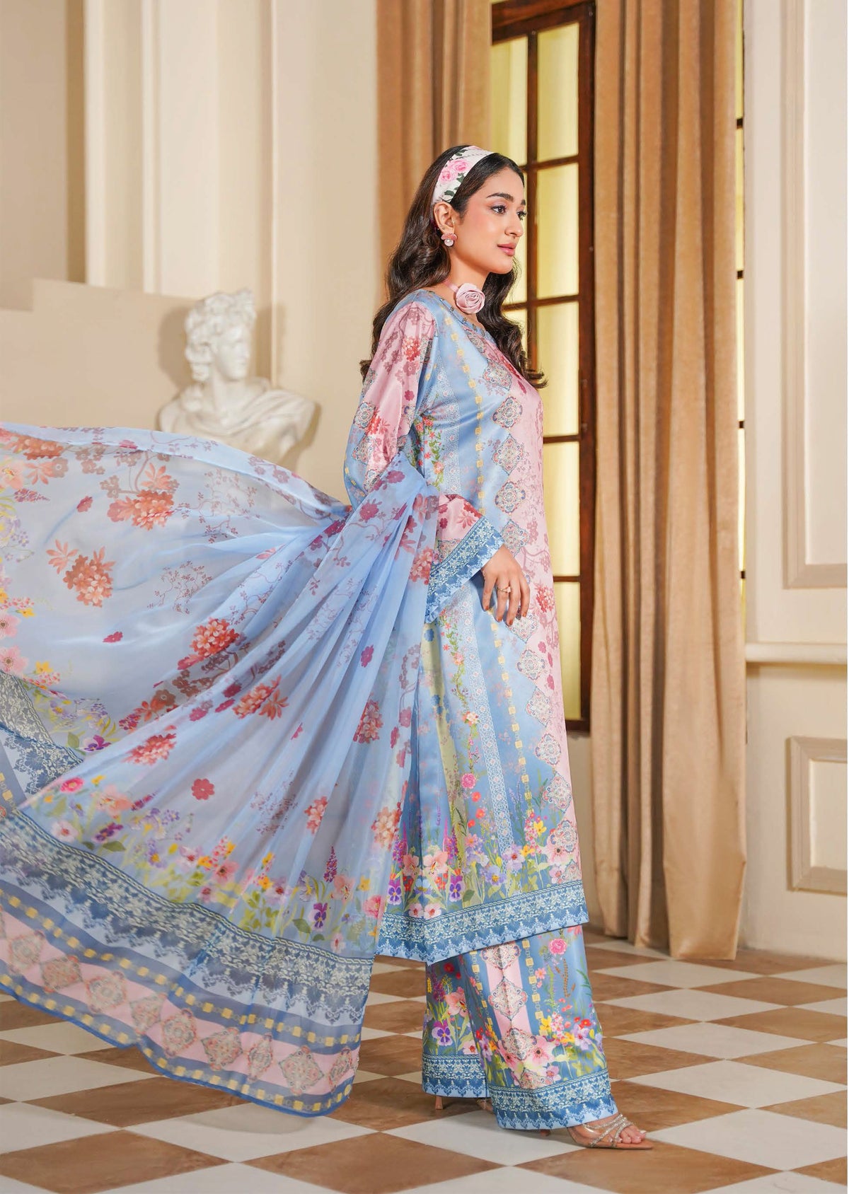 Pastel Pink and Blue Floral Printed 3-Piece Suit with Contrast Borders