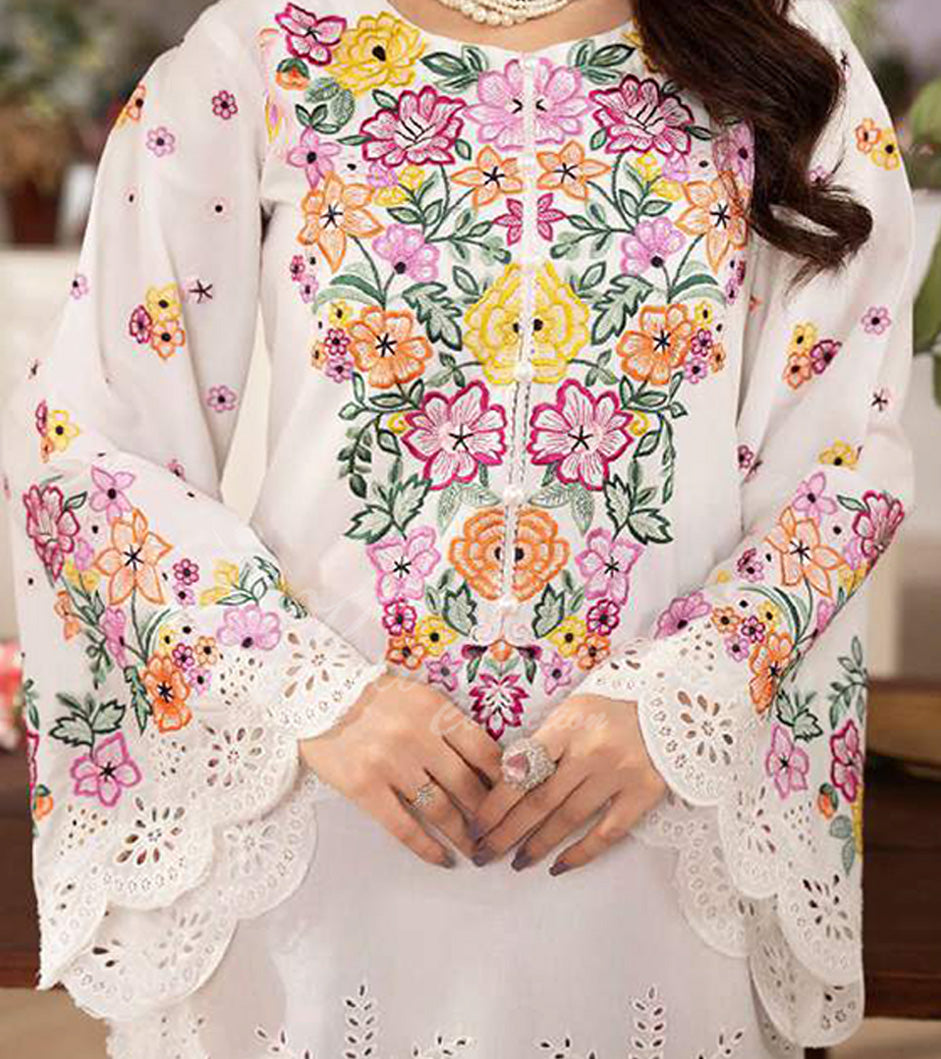 Spring Bloom Embroidered Lawn Suit with Floral Printed Dupatta & Farshi Shalwar