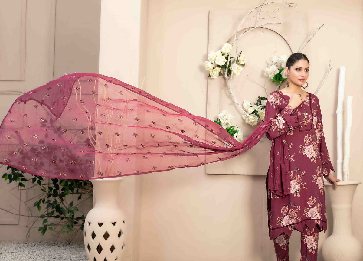 Maroon Floral 3-Piece Suit with Embroidered Chiffon Dupatta