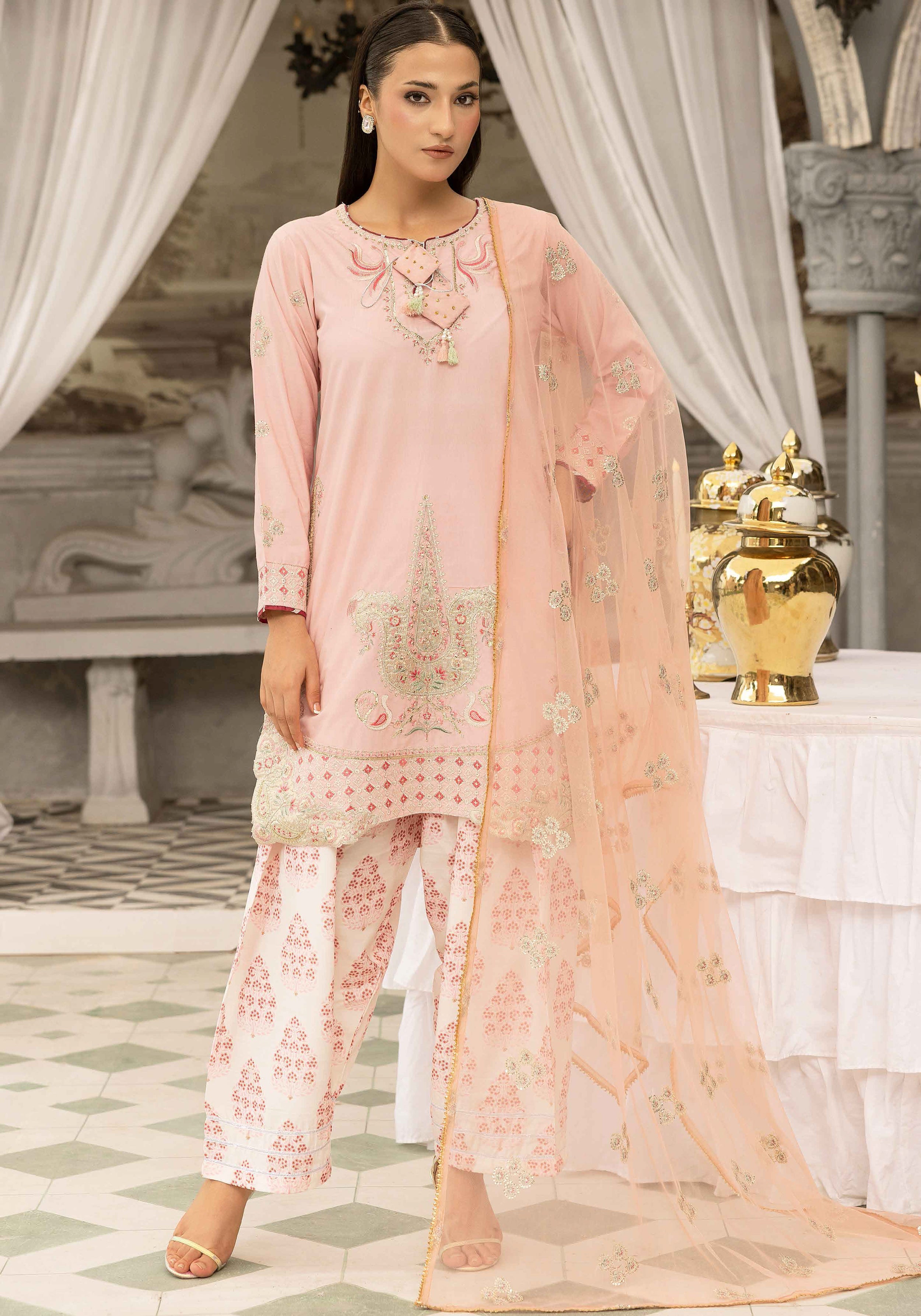 Blush Pink Embroidered 3-Piece Lawn Suit with Organza Dupatta & Printed Palazzo