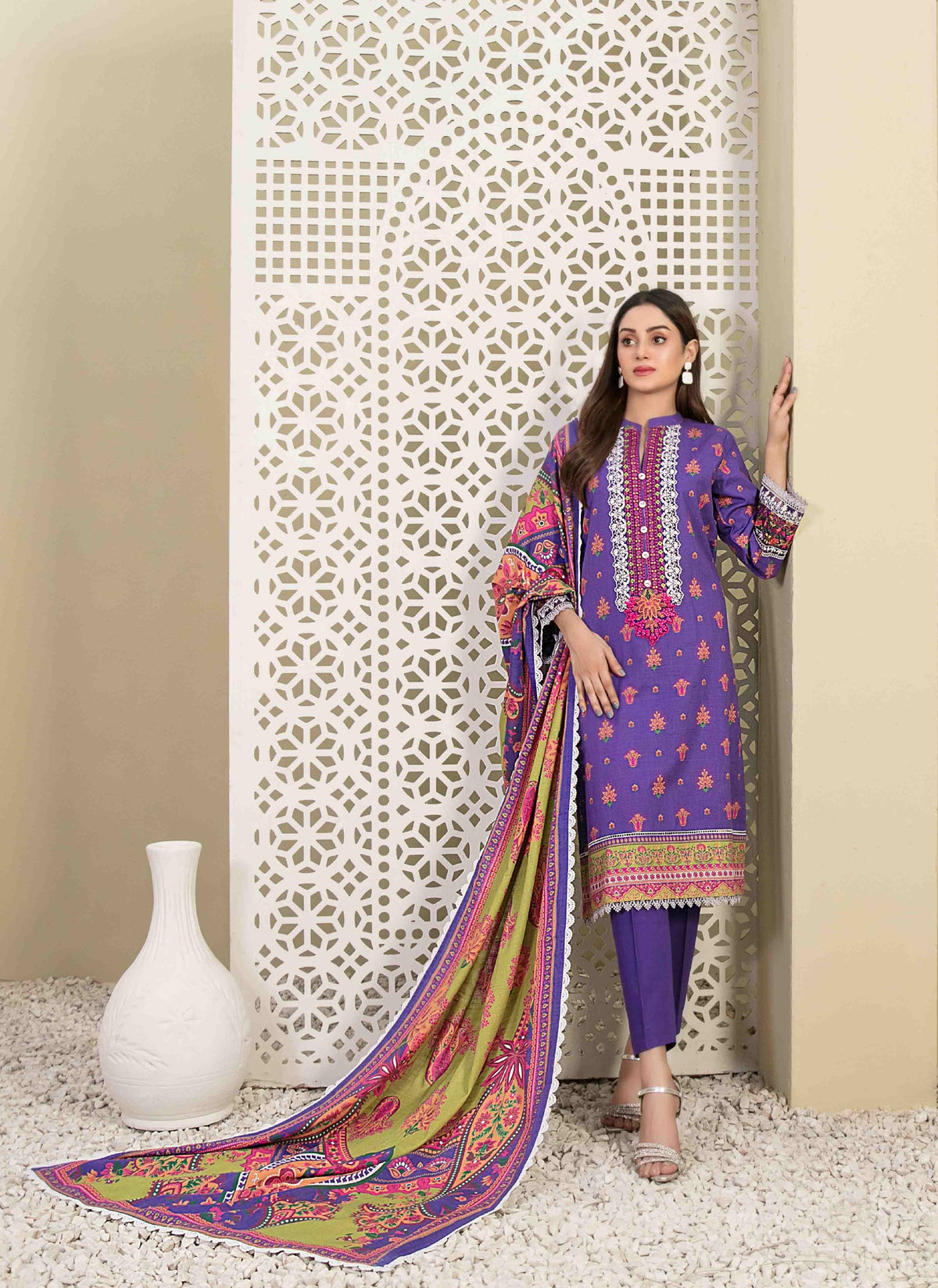 Purple Khaddar Embroidered 3-Piece Suit with Lime Green Printed Dupatta