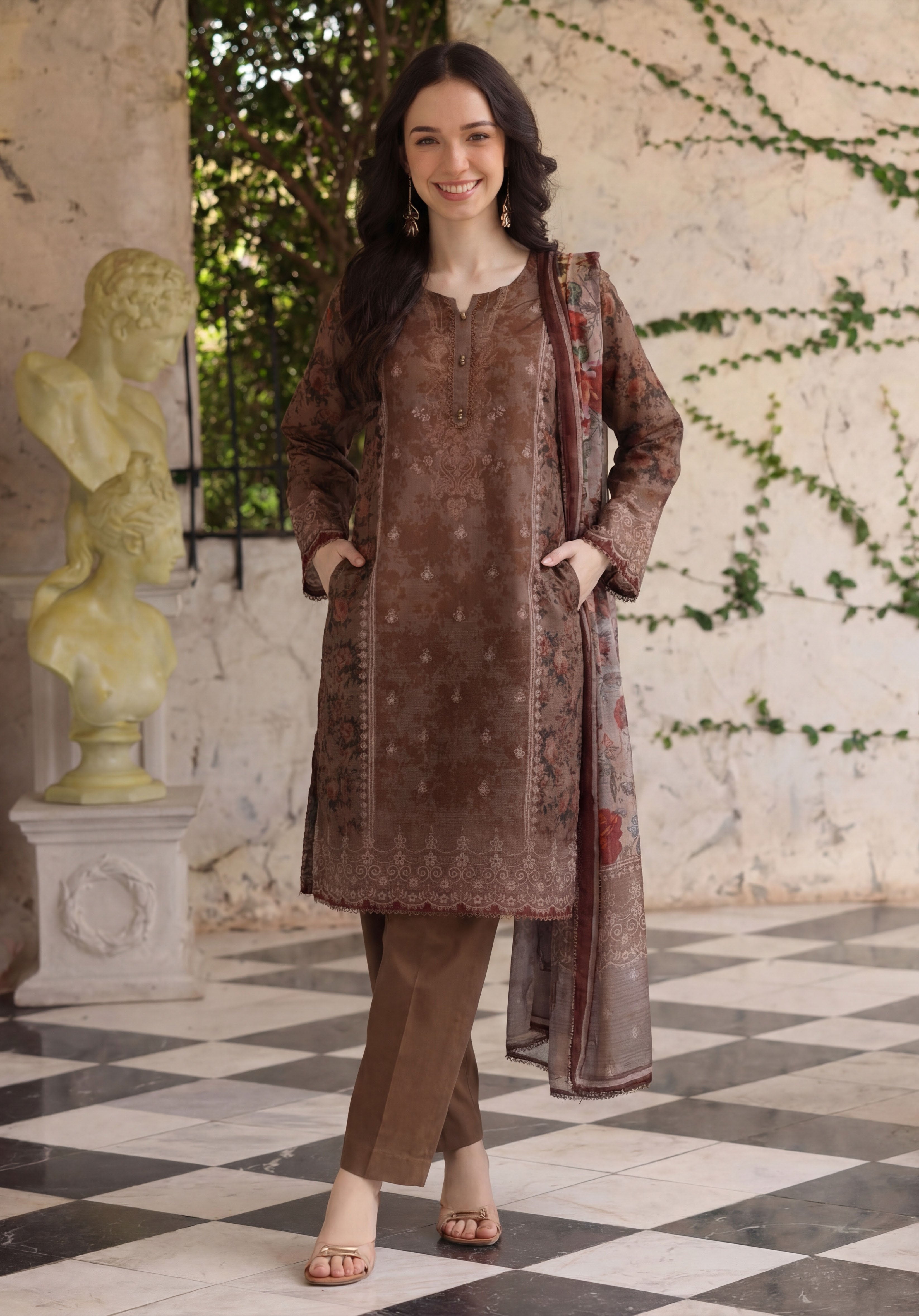 Rustic brown 3pc Lawn Stitched Suit
