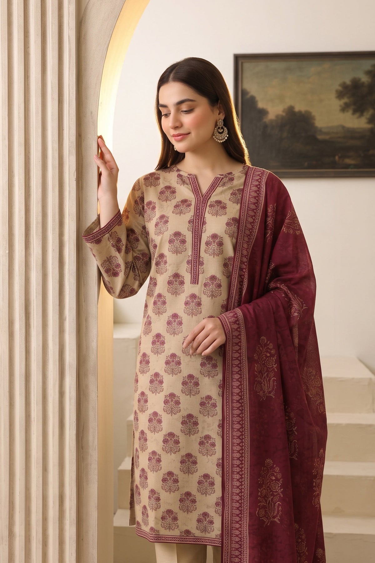 Ivory & Maroon Printed Khaddar 3-Piece Suit