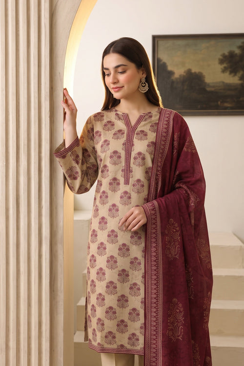 Ivory & Maroon Printed Khaddar 3-Piece Suit