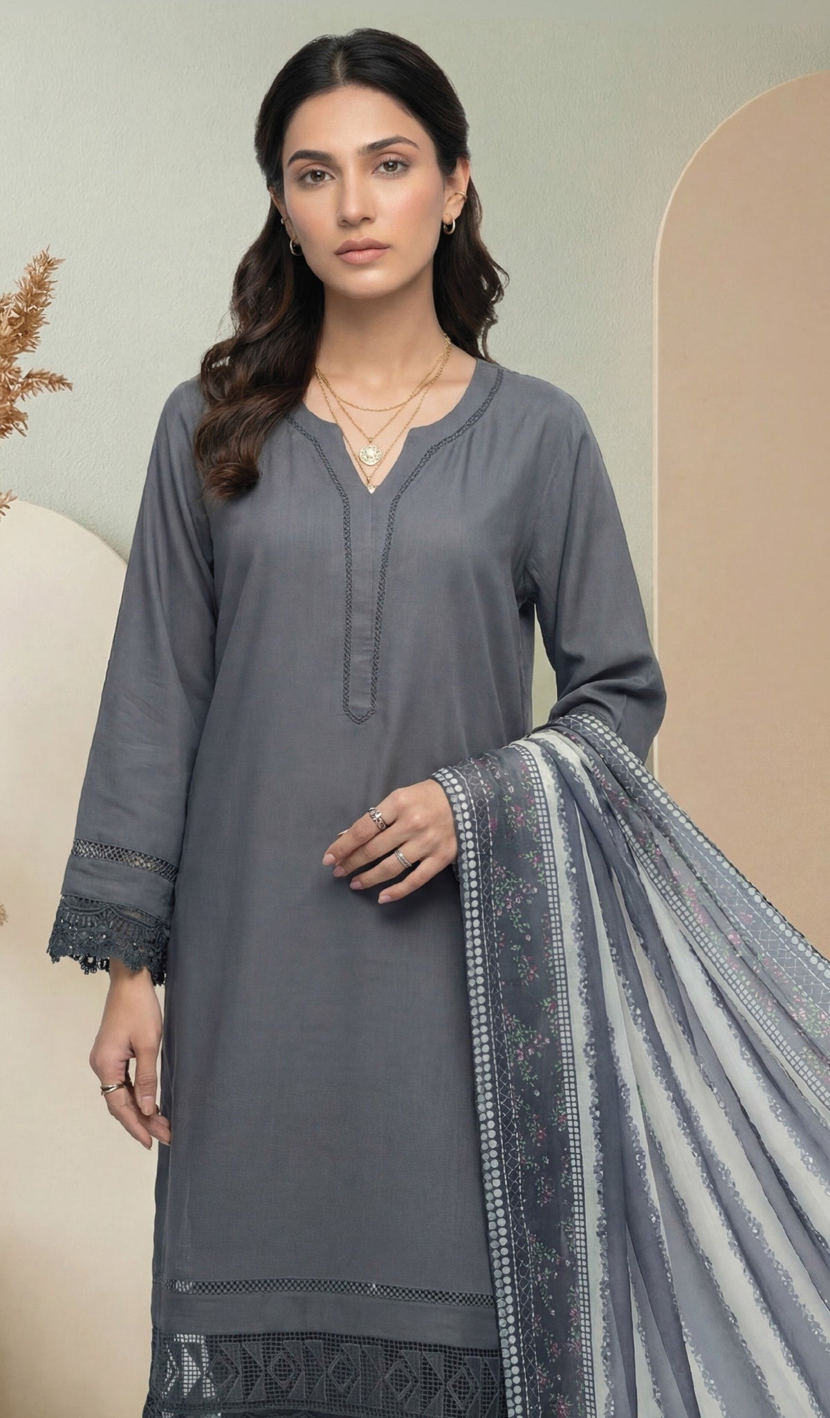 Grey Embroidered 3-Piece Suit with Striped Digital Print Dupatta