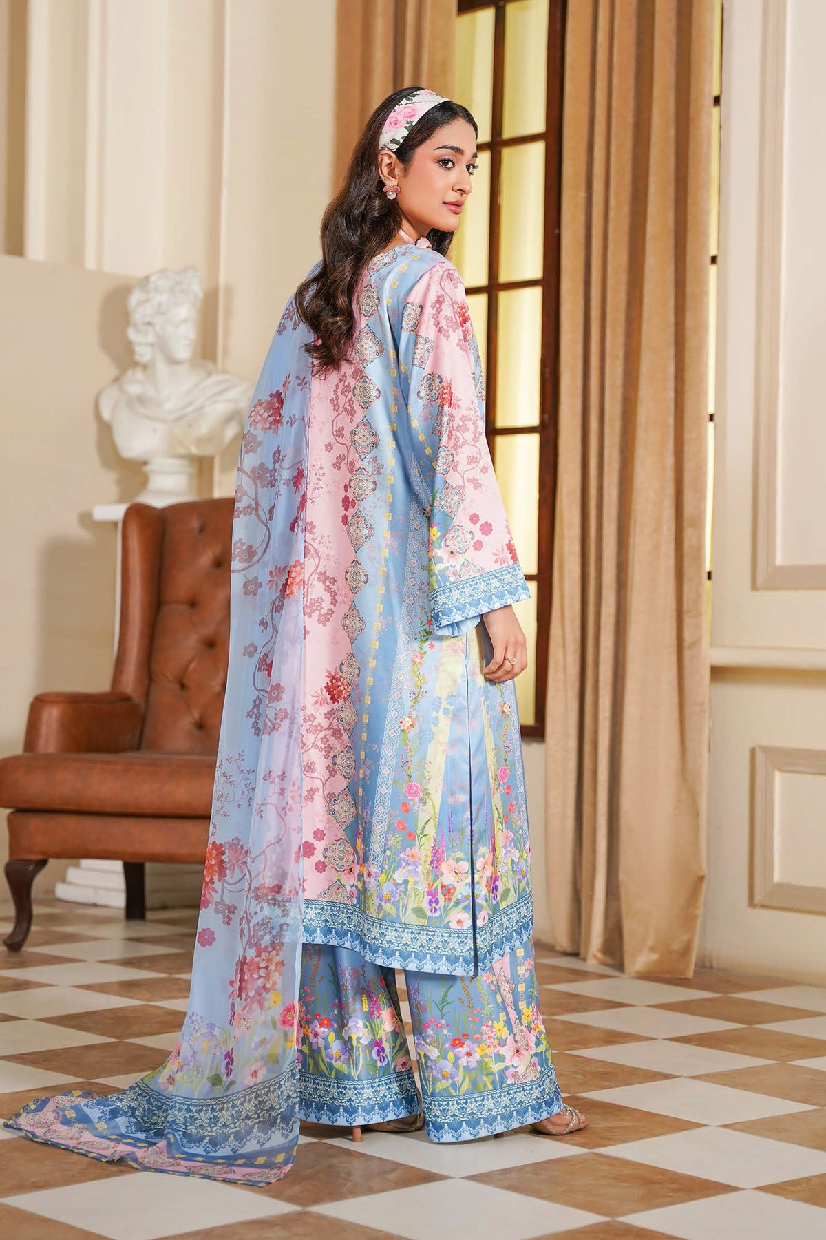 Pastel Pink and Blue Floral Printed 3-Piece Suit with Contrast Borders
