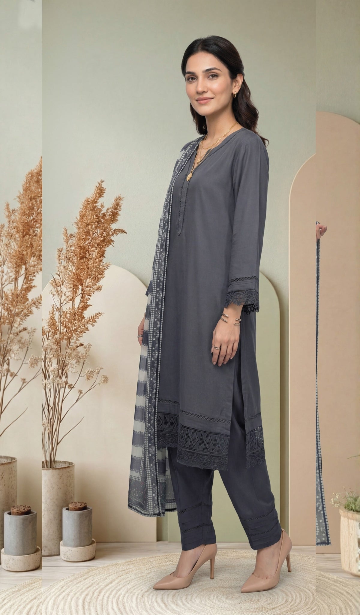 Grey Embroidered 3-Piece Suit with Striped Digital Print Dupatta