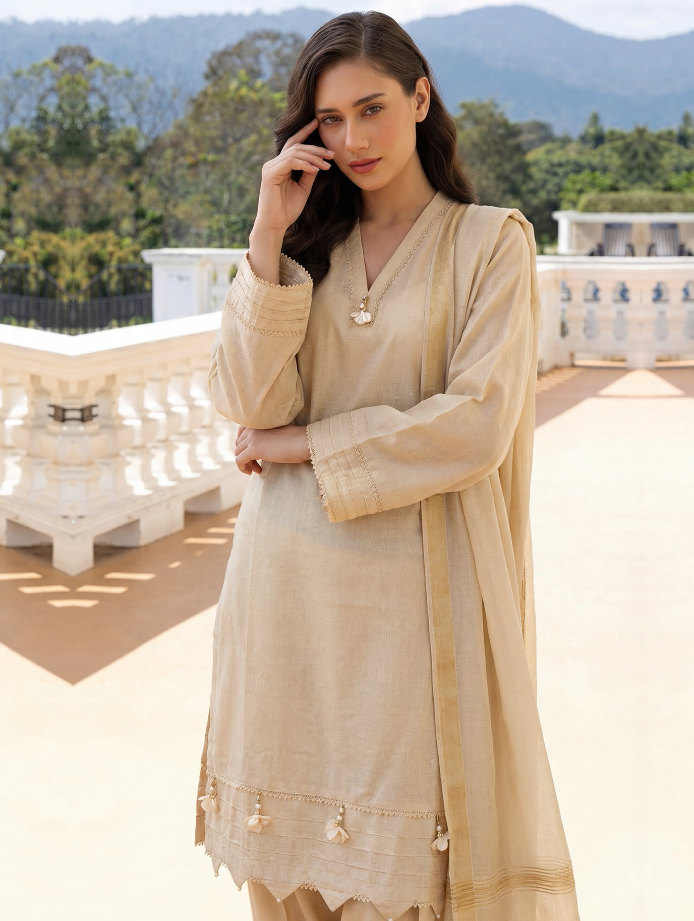 Warm Beige Premium Jacquard Lawn 3-Piece Stitched Suit