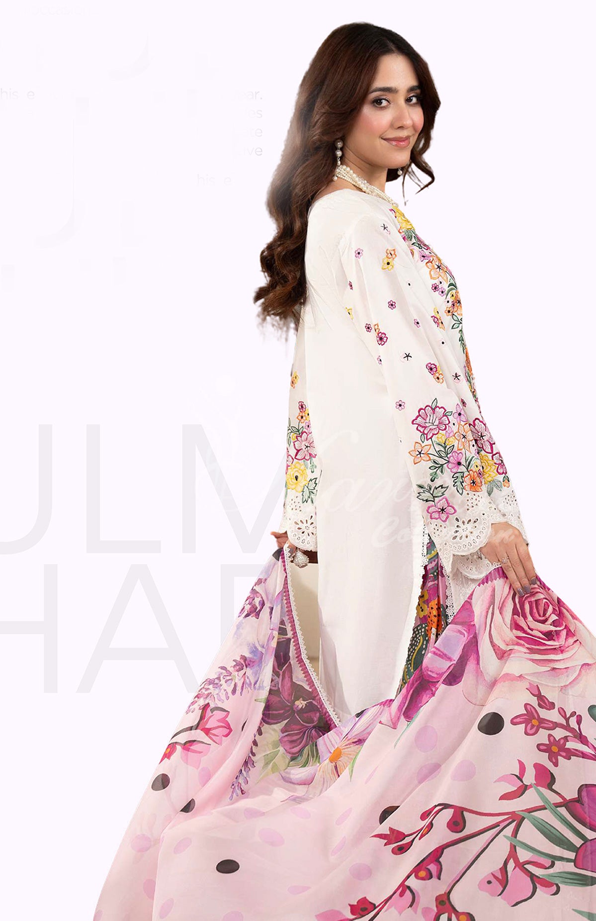 Spring Bloom Embroidered Lawn Suit with Floral Printed Dupatta & Farshi Shalwar