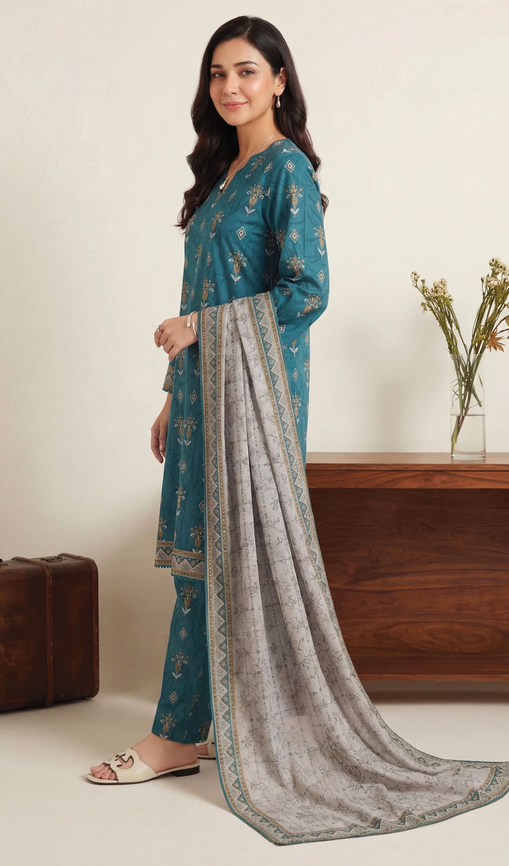 Ocean Teal Lawn Rotary Print 3PC Ready-to-Wear