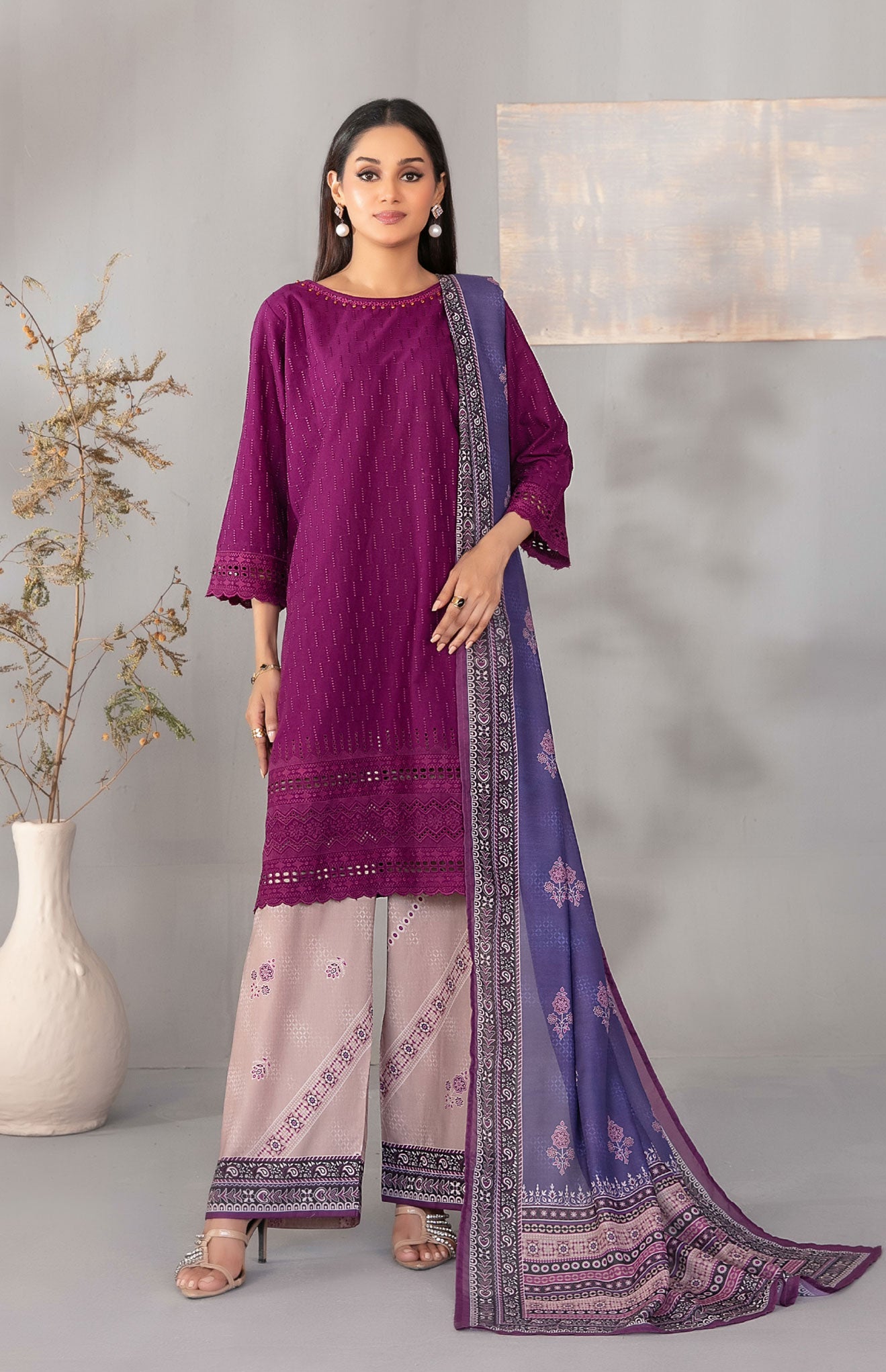 Deep Berry Embroidered Schiffli Lawn with Digital Printed Dupatta