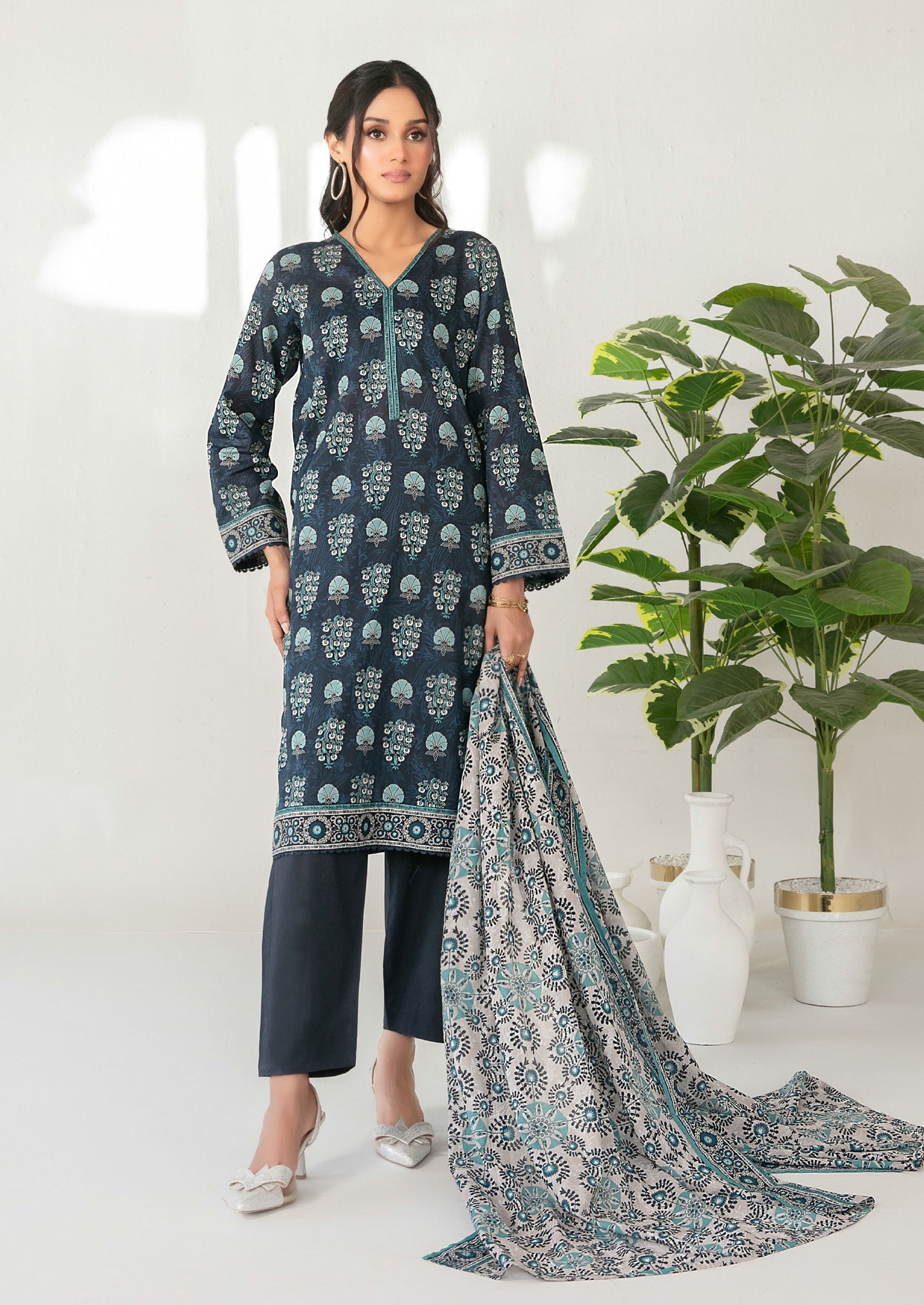 Deep Slate Stitched Lawn suit with Lawn Rottayu Printed Dupatta