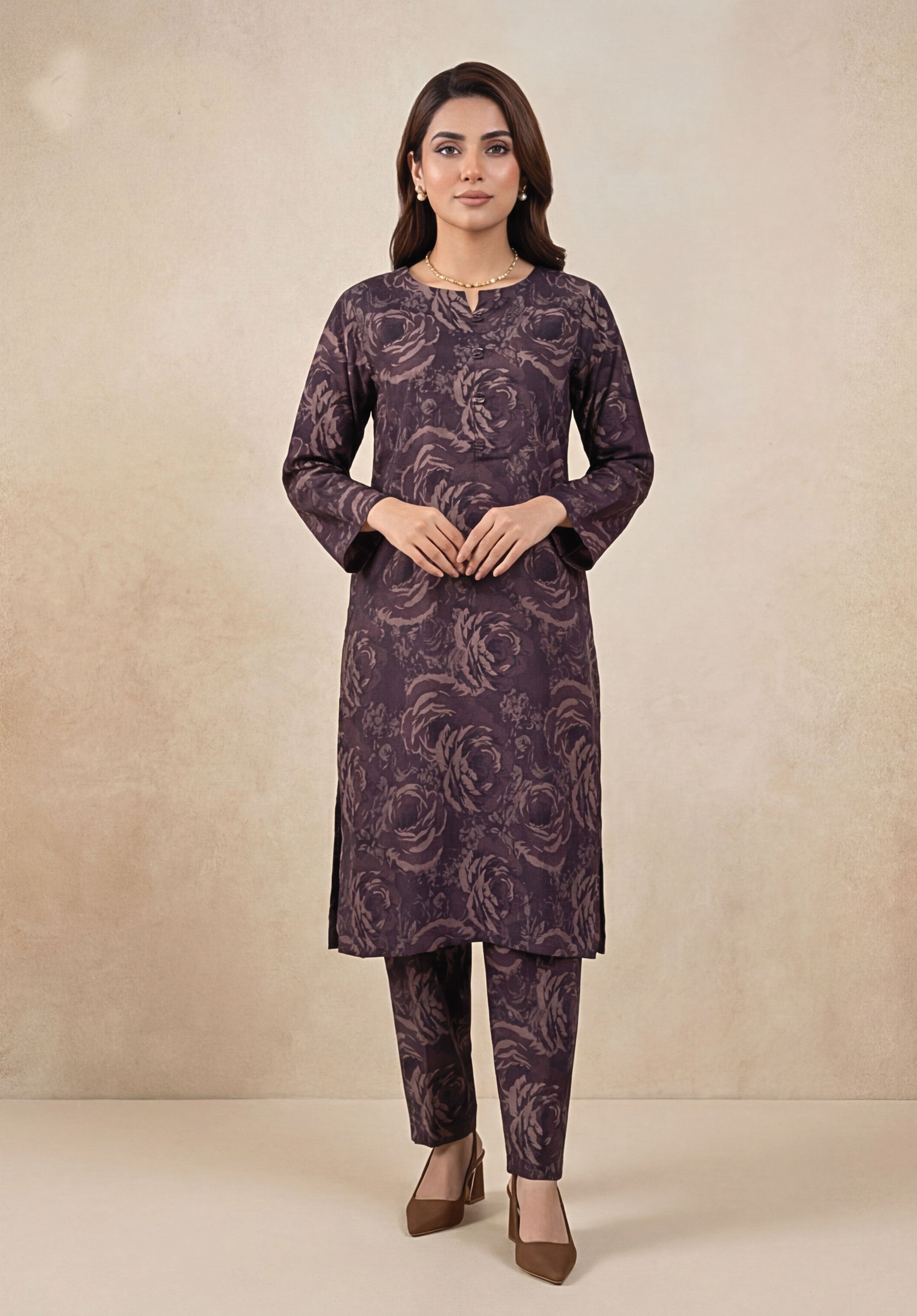 Vintage Plum Linen Stitched Staple Digital print suit