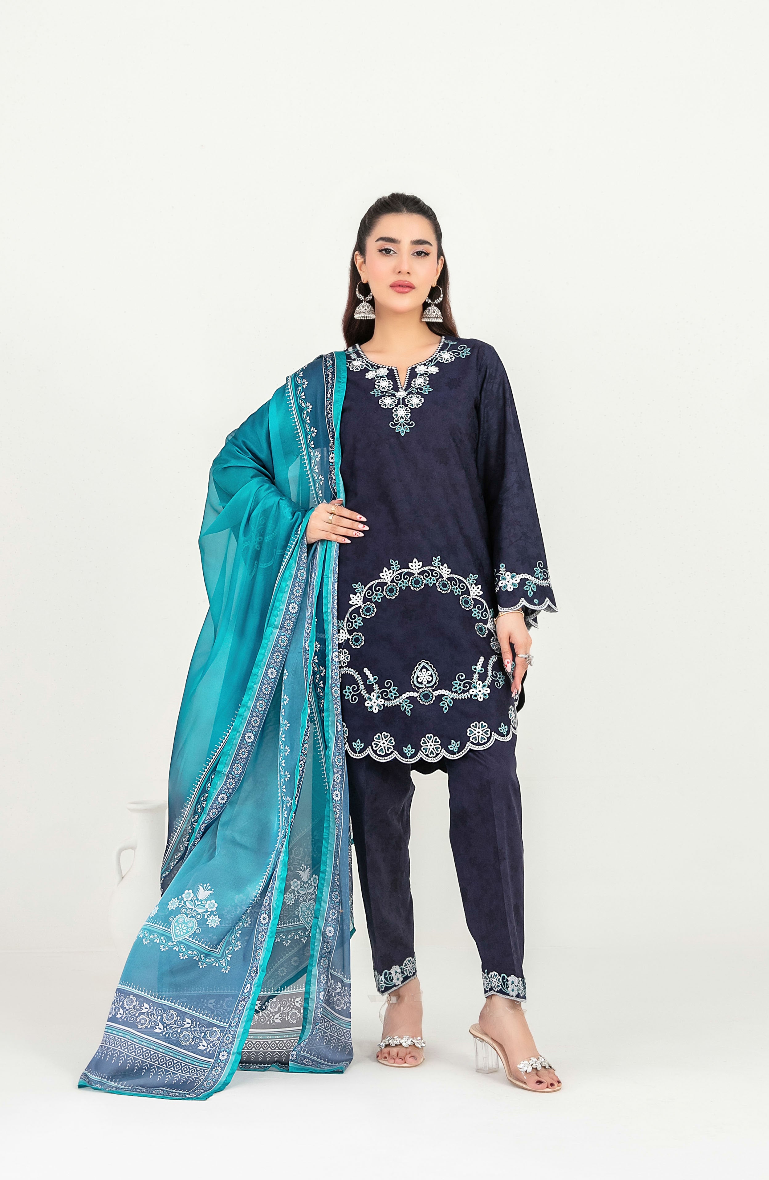 Deep Indigo Grey Luxe Jacquard 3PC stiched suit