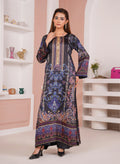 Navy Blue Printed Silk Long Shirt & Trouser Suit