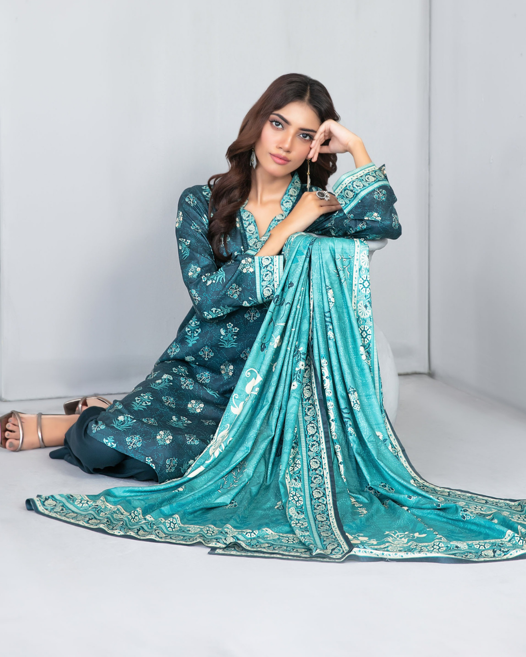 Teal Blue Digital Print Shawl Dupatta 3-Piece Suit – Dilnur Collection