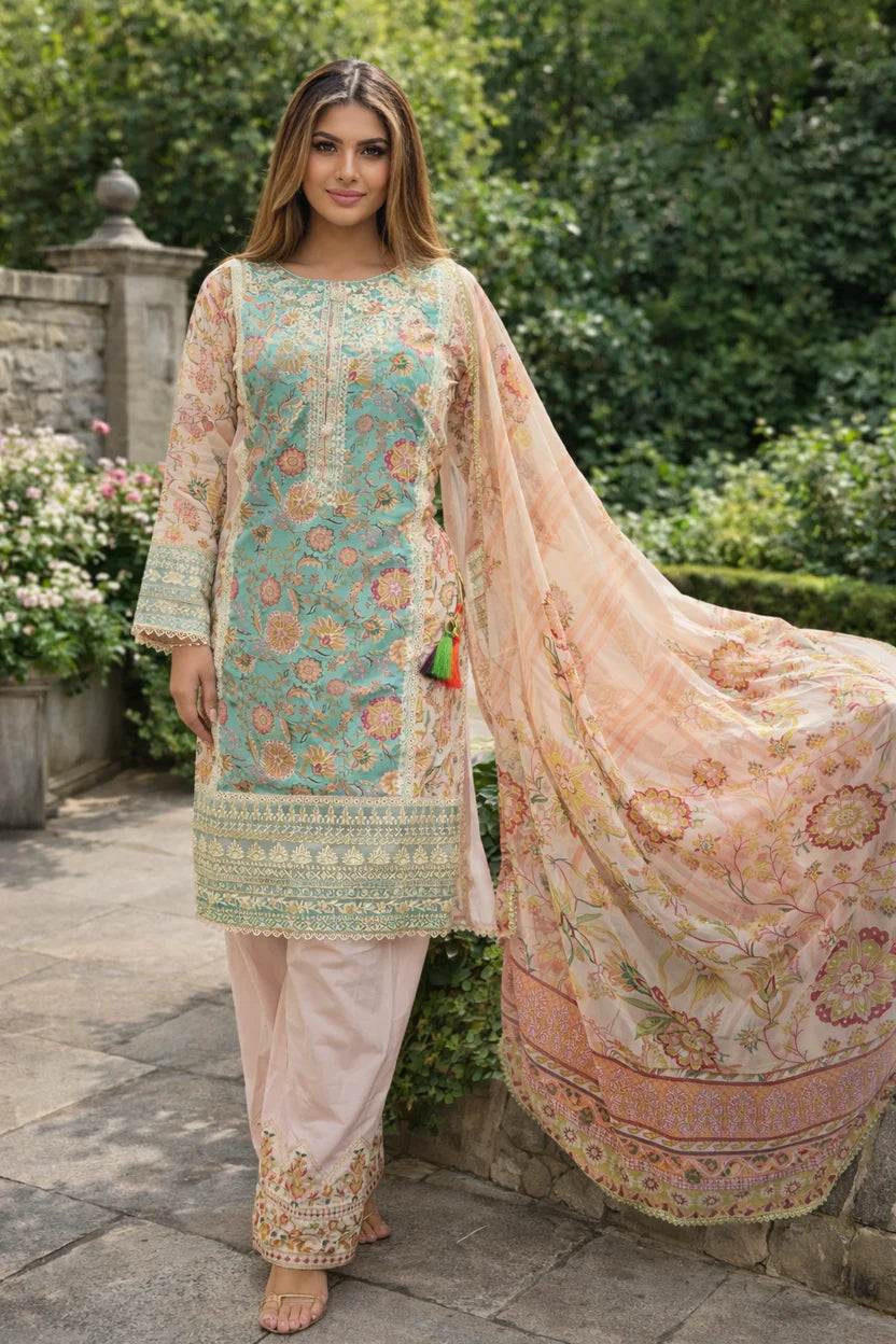 Inspired Karma Baby Blue 3pc Outfit With a Farshi Shalwar & Silk Scarf