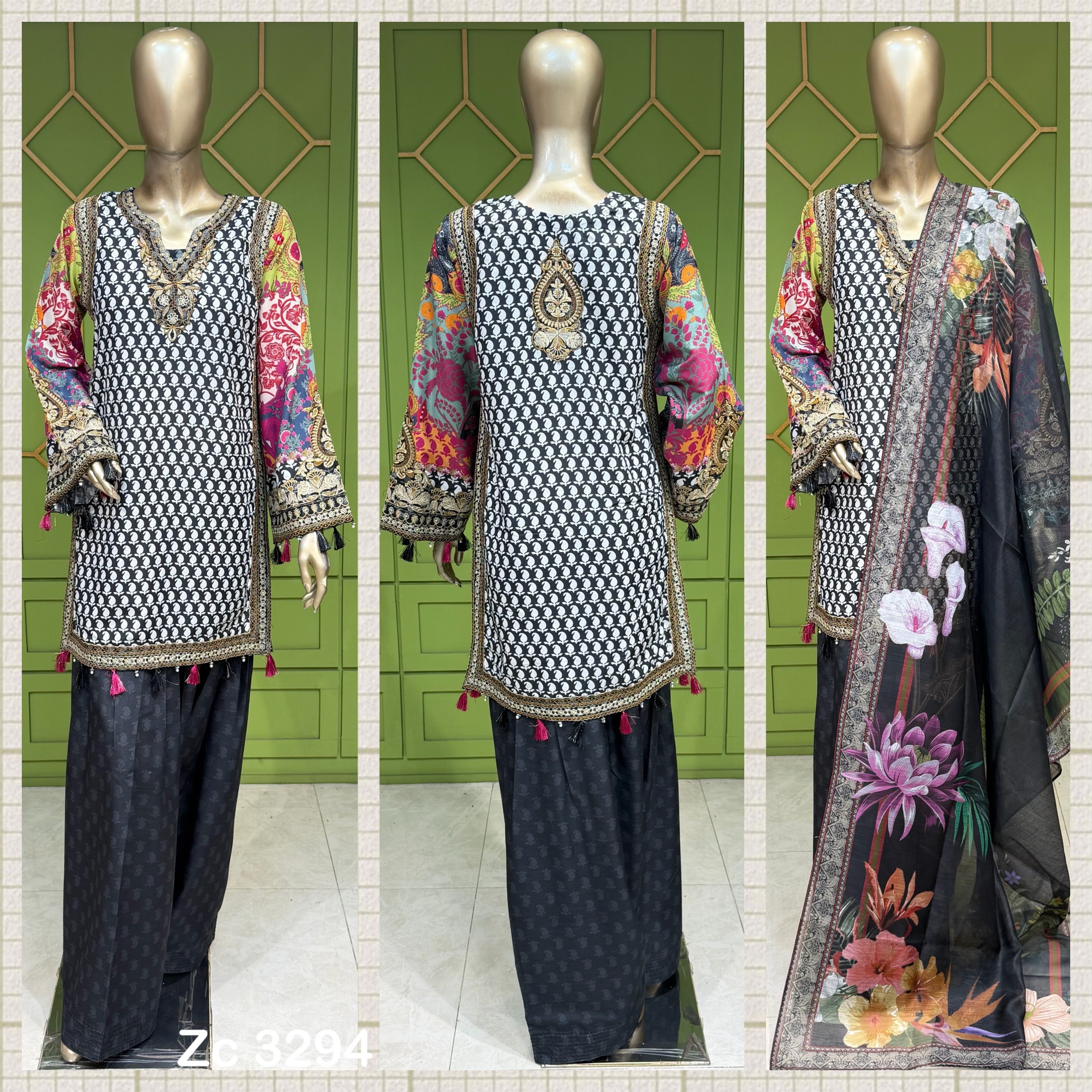 Black floral kameez with farshi Shalwaar 3pc outfit
