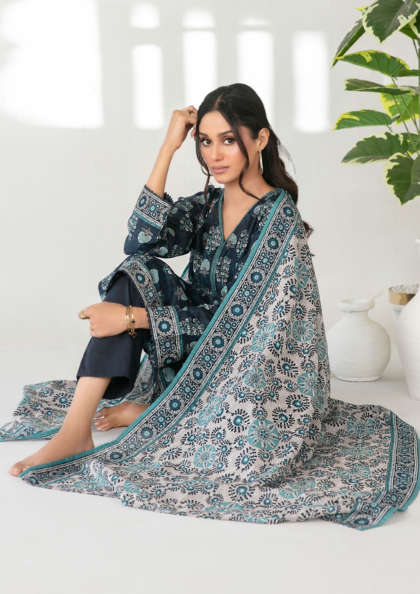 Deep Slate Stitched Lawn suit with Lawn Rottayu Printed Dupatta