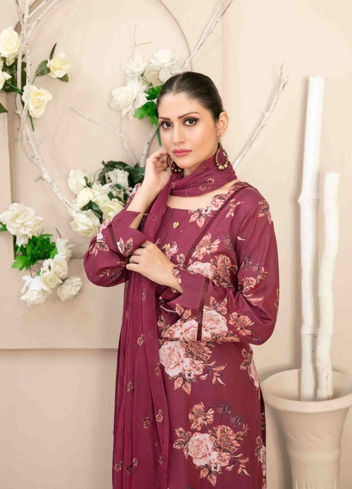 Maroon Floral 3-Piece Suit with Embroidered Chiffon Dupatta