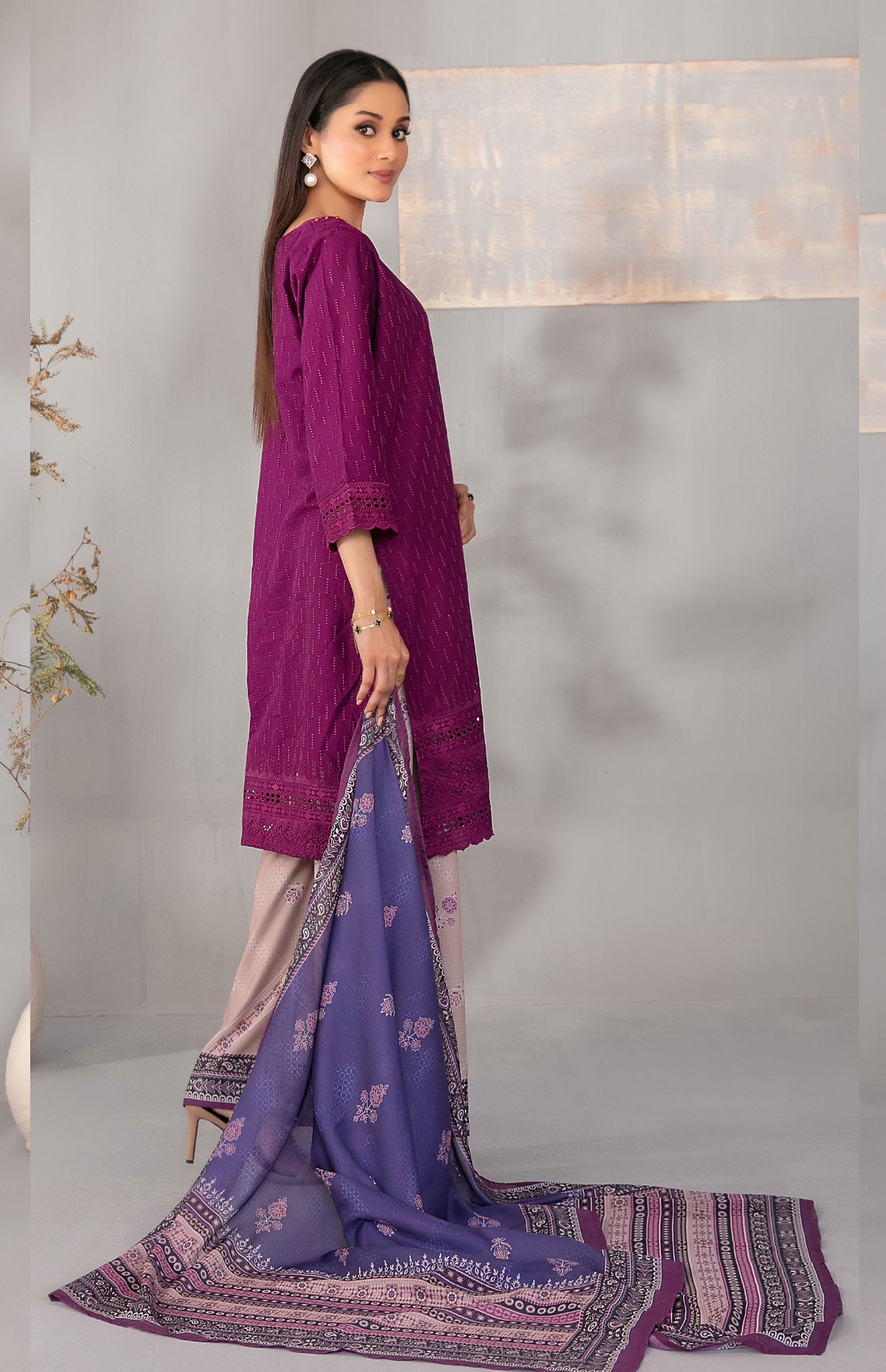 Deep Berry Embroidered Schiffli Lawn with Digital Printed Dupatta