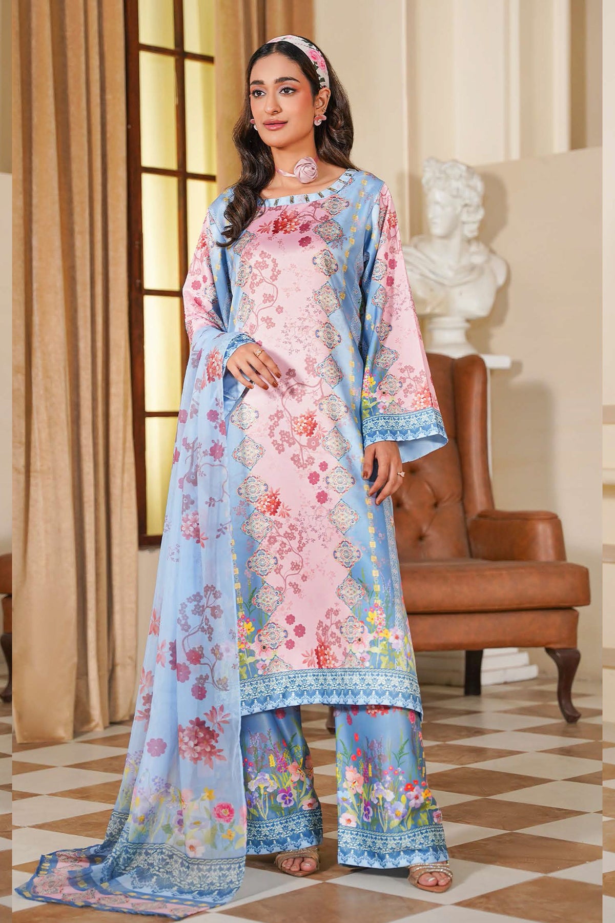 Pastel Pink and Blue Floral Printed 3-Piece Suit with Contrast Borders