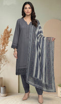 Grey Embroidered 3-Piece Suit with Striped Digital Print Dupatta