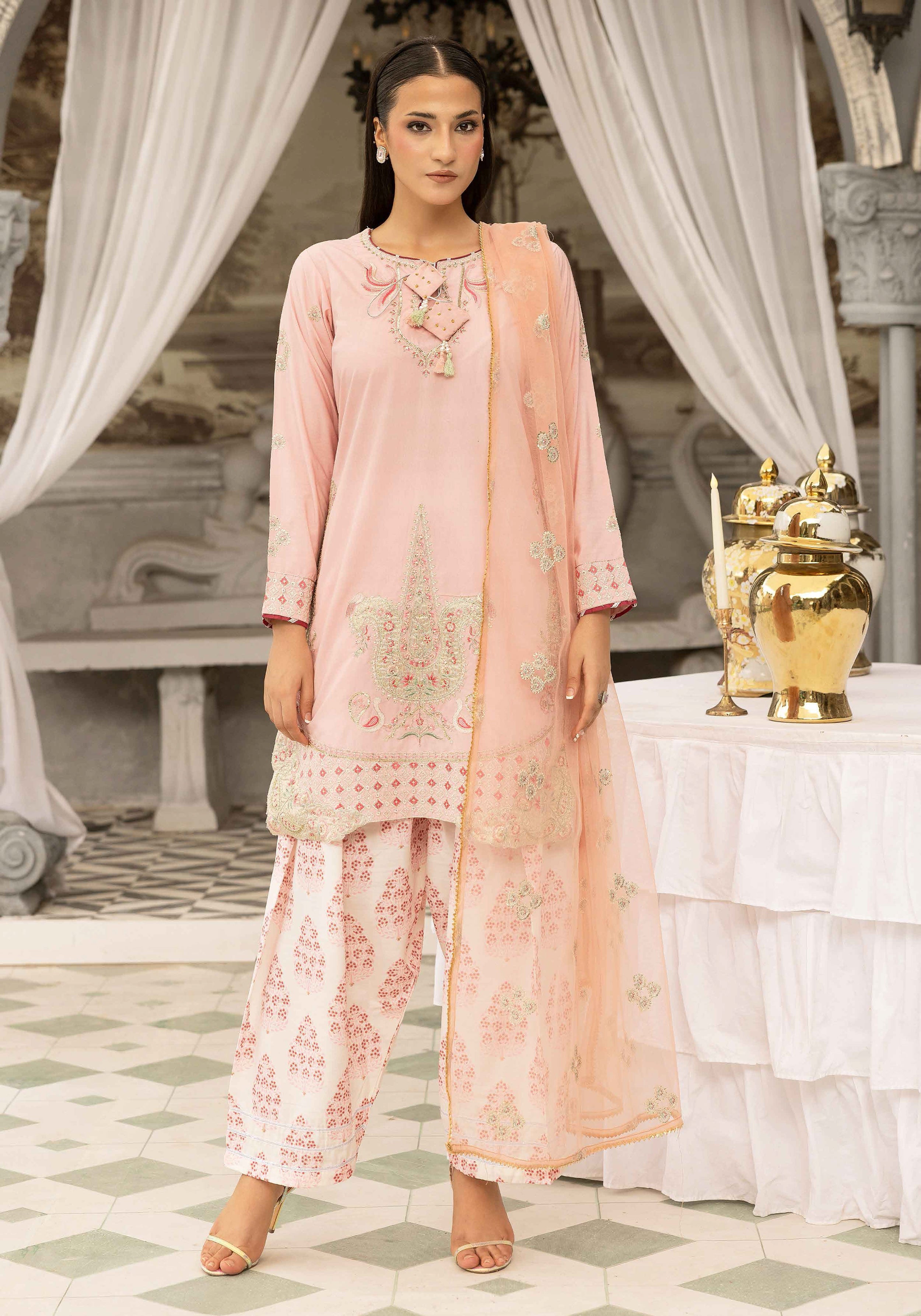 Blush Pink Embroidered 3-Piece Lawn Suit with Organza Dupatta & Printed Palazzo