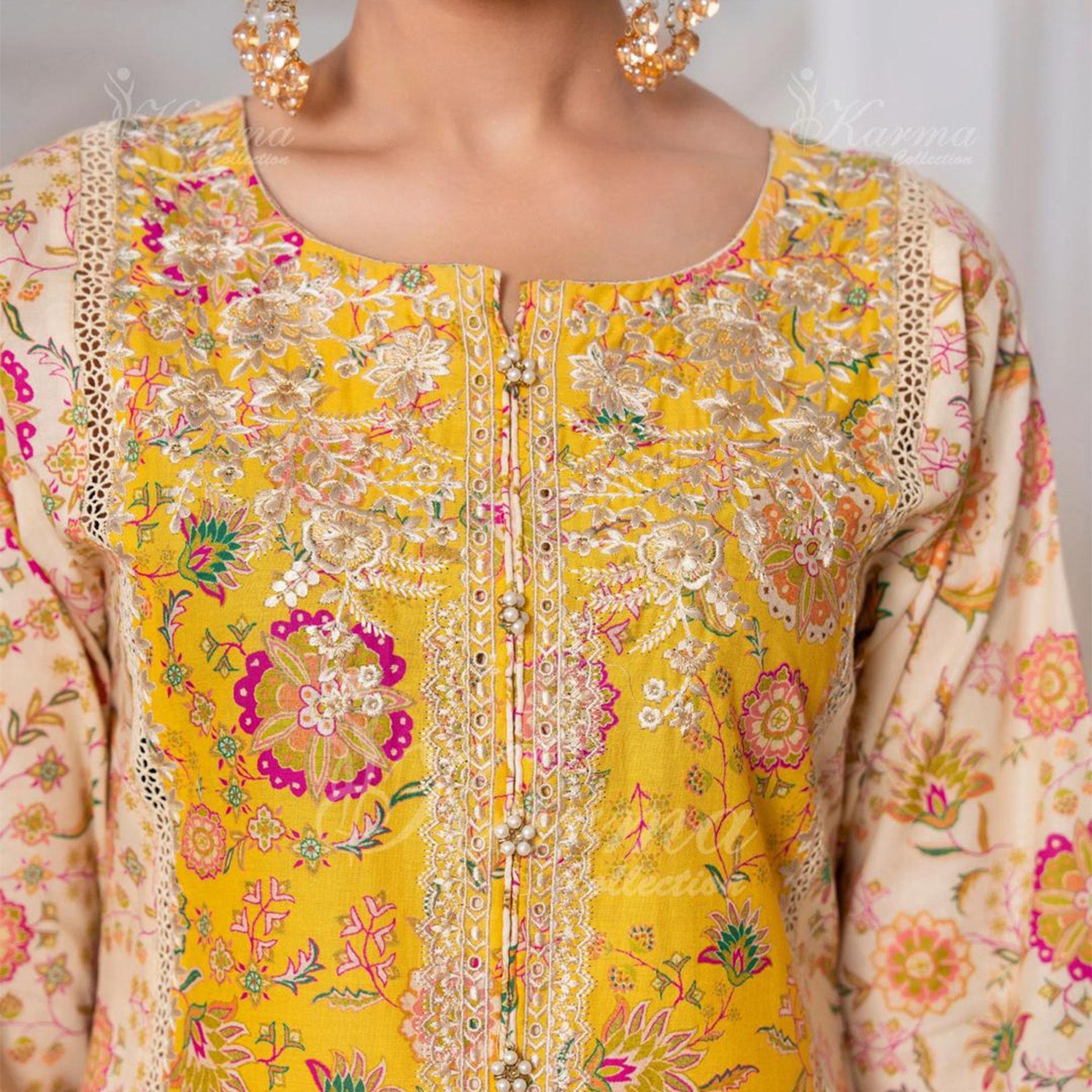 Karma Yellow 3pc Outfit With Silk Duppata