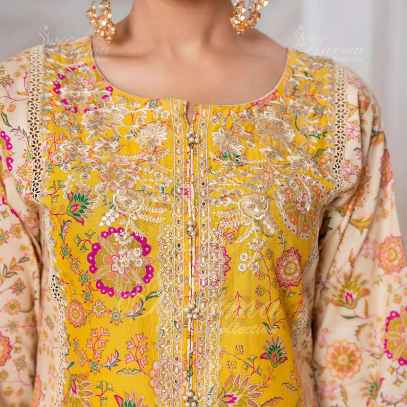 Inspired Karma Yellow 3pc Outfit With Silk Duppata