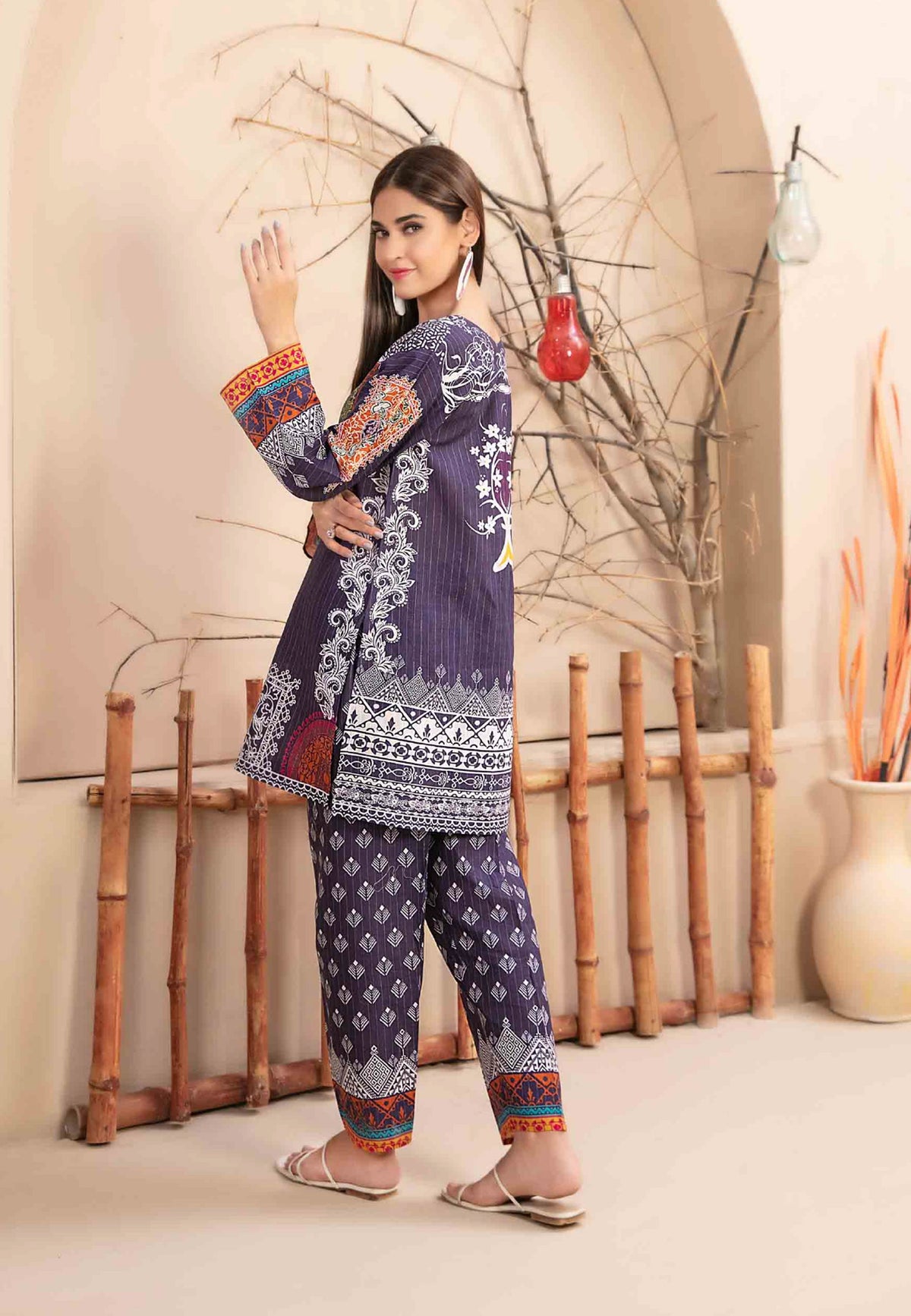 Navy Blue Khaddar 2-Piece Suit with Multicolor Traditional Prints