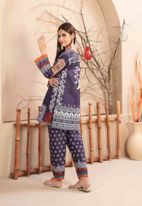 Navy Blue Khaddar 2-Piece Suit with Multicolor Traditional Prints