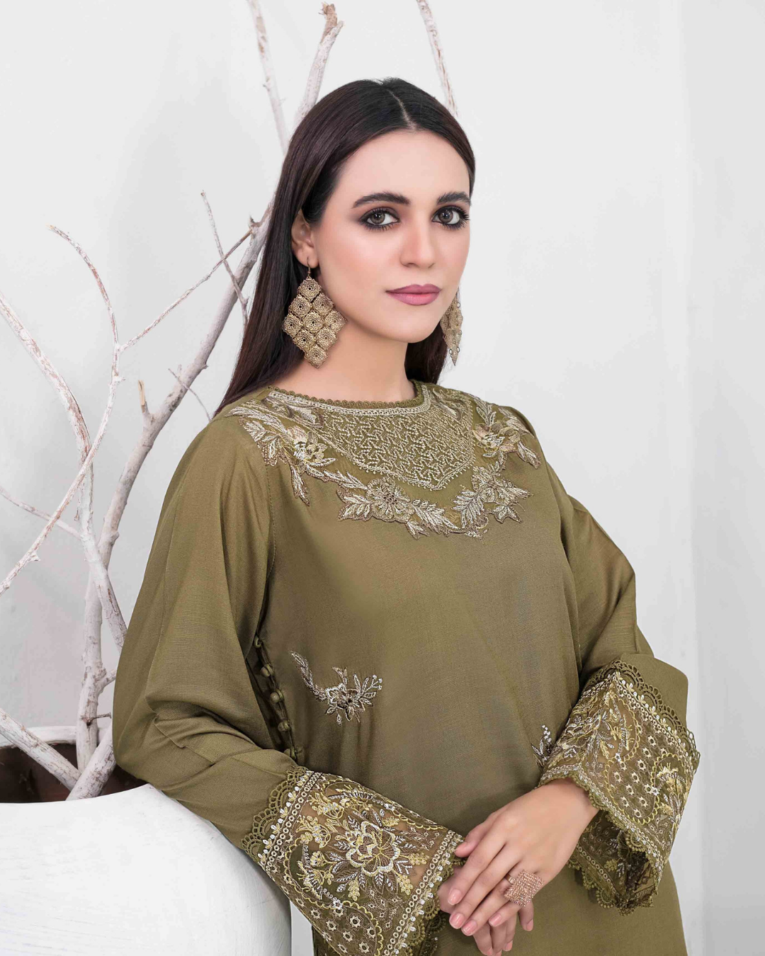 Olive Green Embroidered Slub Linen 2-Piece Suit