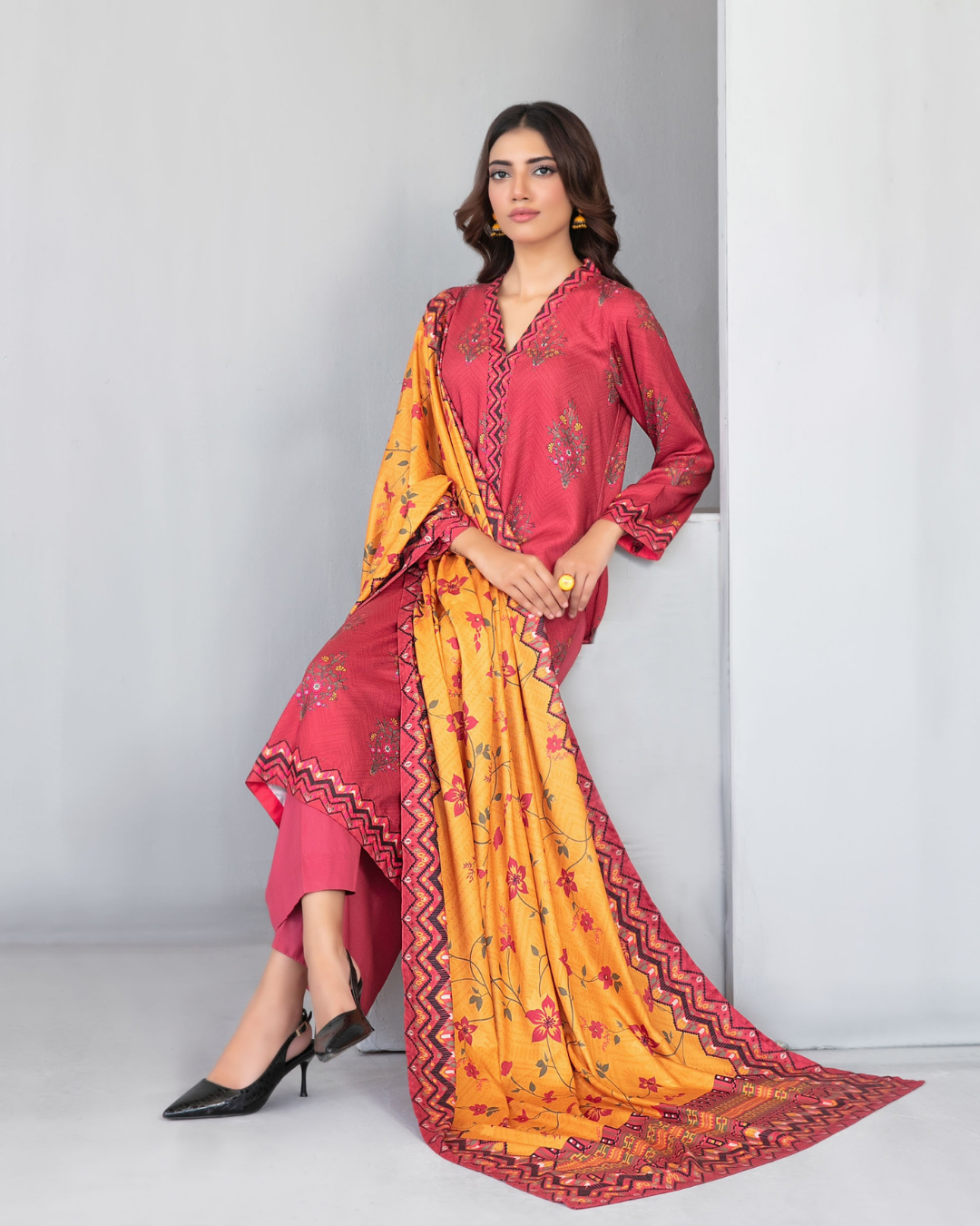 Coral Pink Floral Digital Print Shawl Dupatta 3-Piece Suit – Dilnur Collection