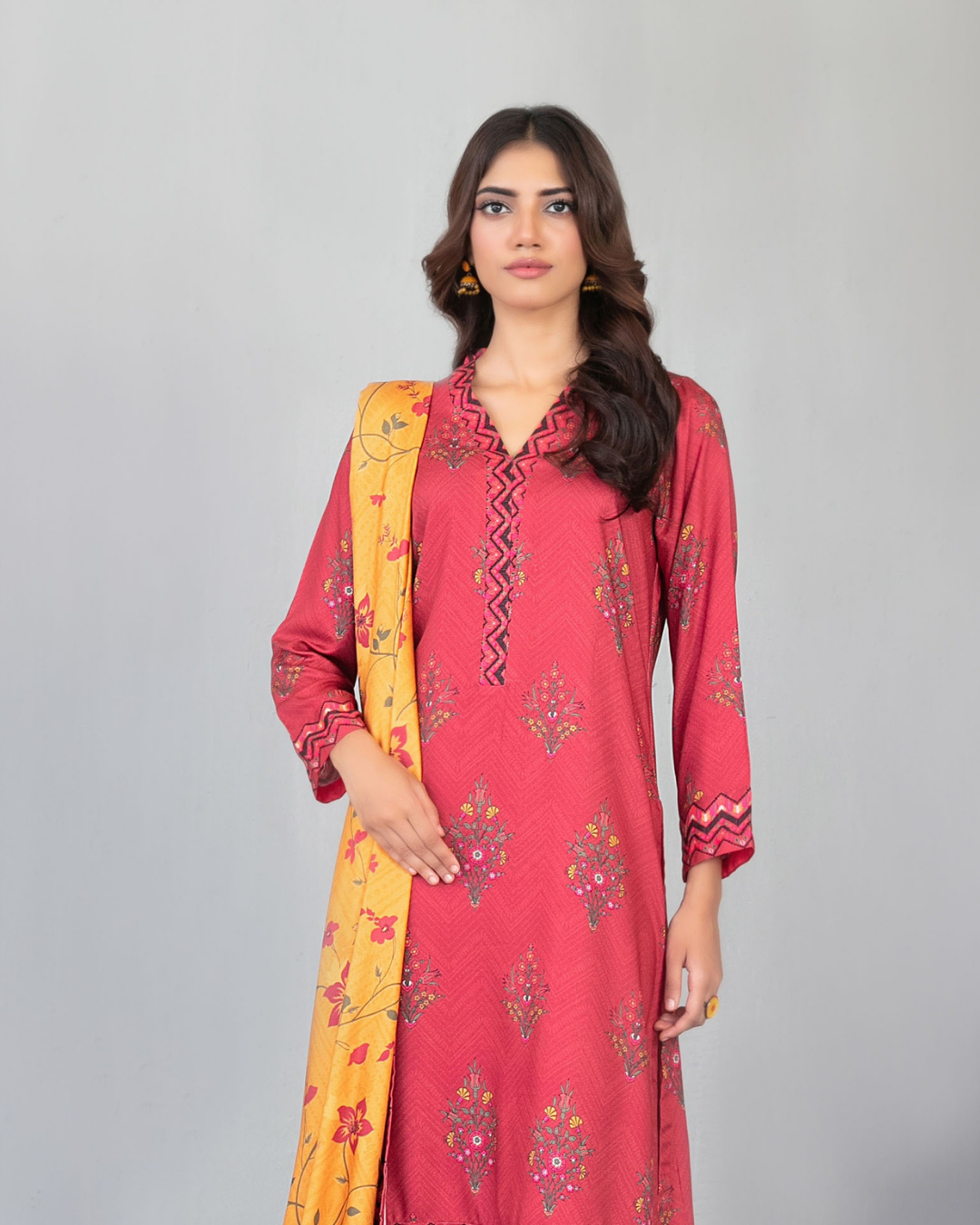 Coral Pink Floral Digital Print Shawl Dupatta 3-Piece Suit – Dilnur Collection